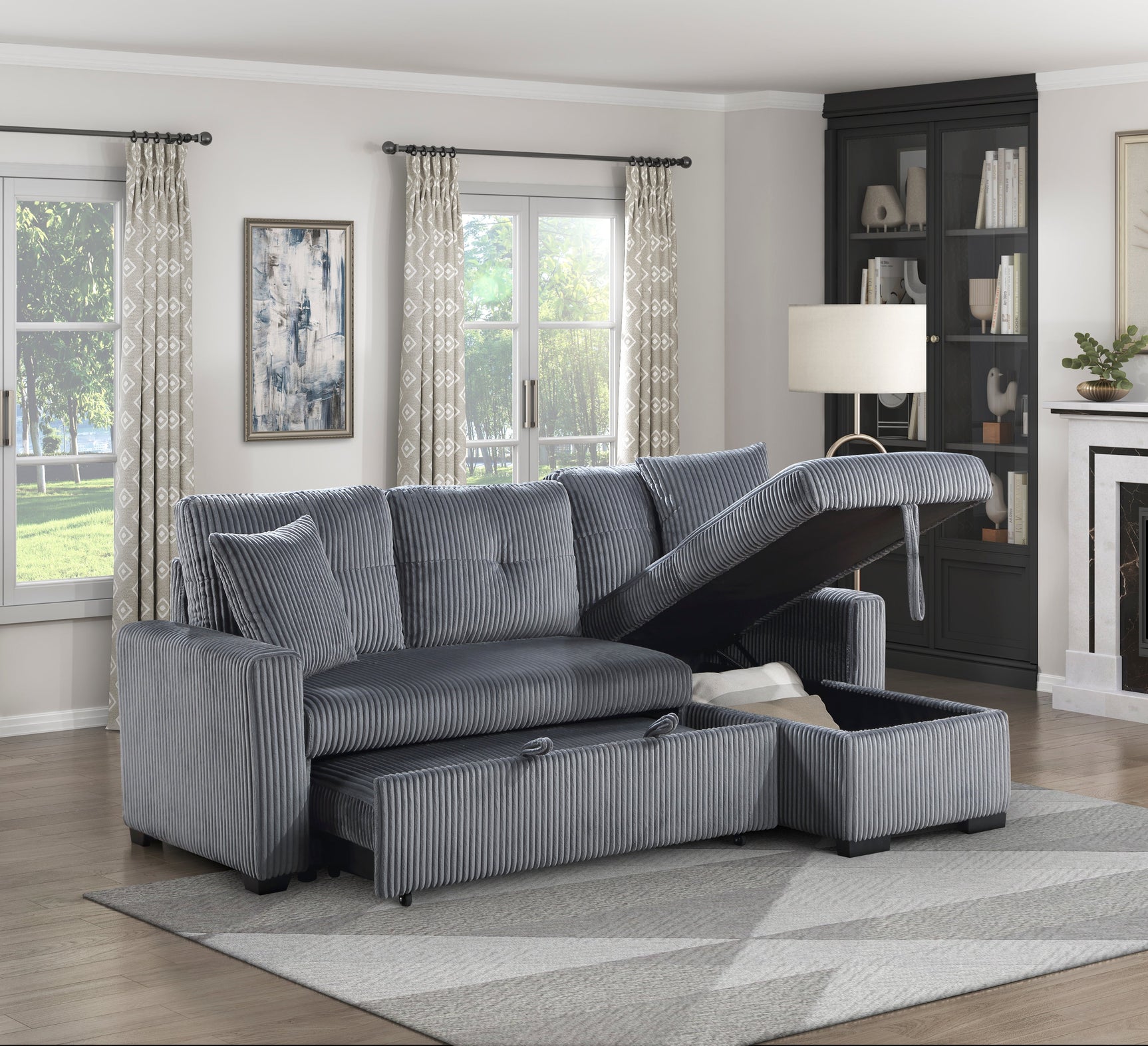 Rhett Dark Gray 3-Piece Reversible Sectional with Pull-Out Bed - Ornate Home