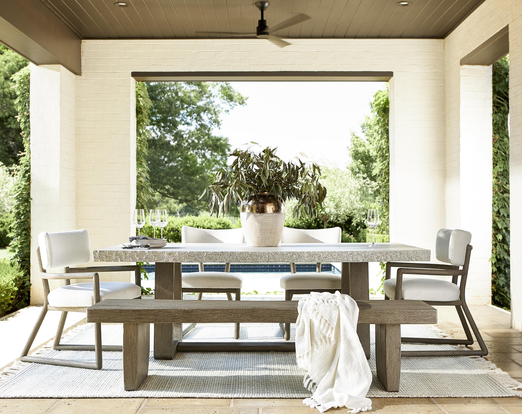 Rhodes Weathered Teak/White/Cream Outdoor Arm Chair - Ornate Home