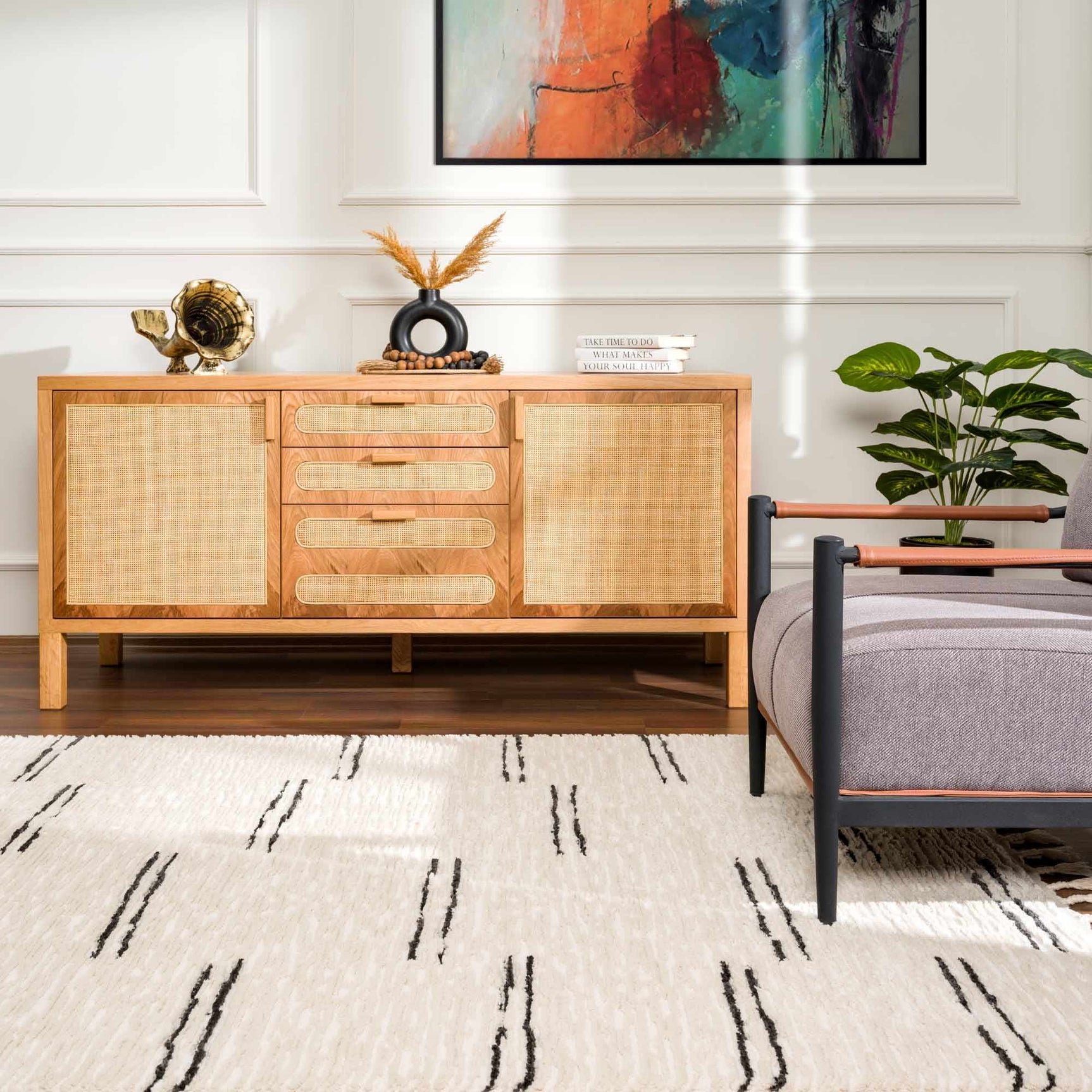 Riad Black Striped White Rug with Tassels - Ornate Home