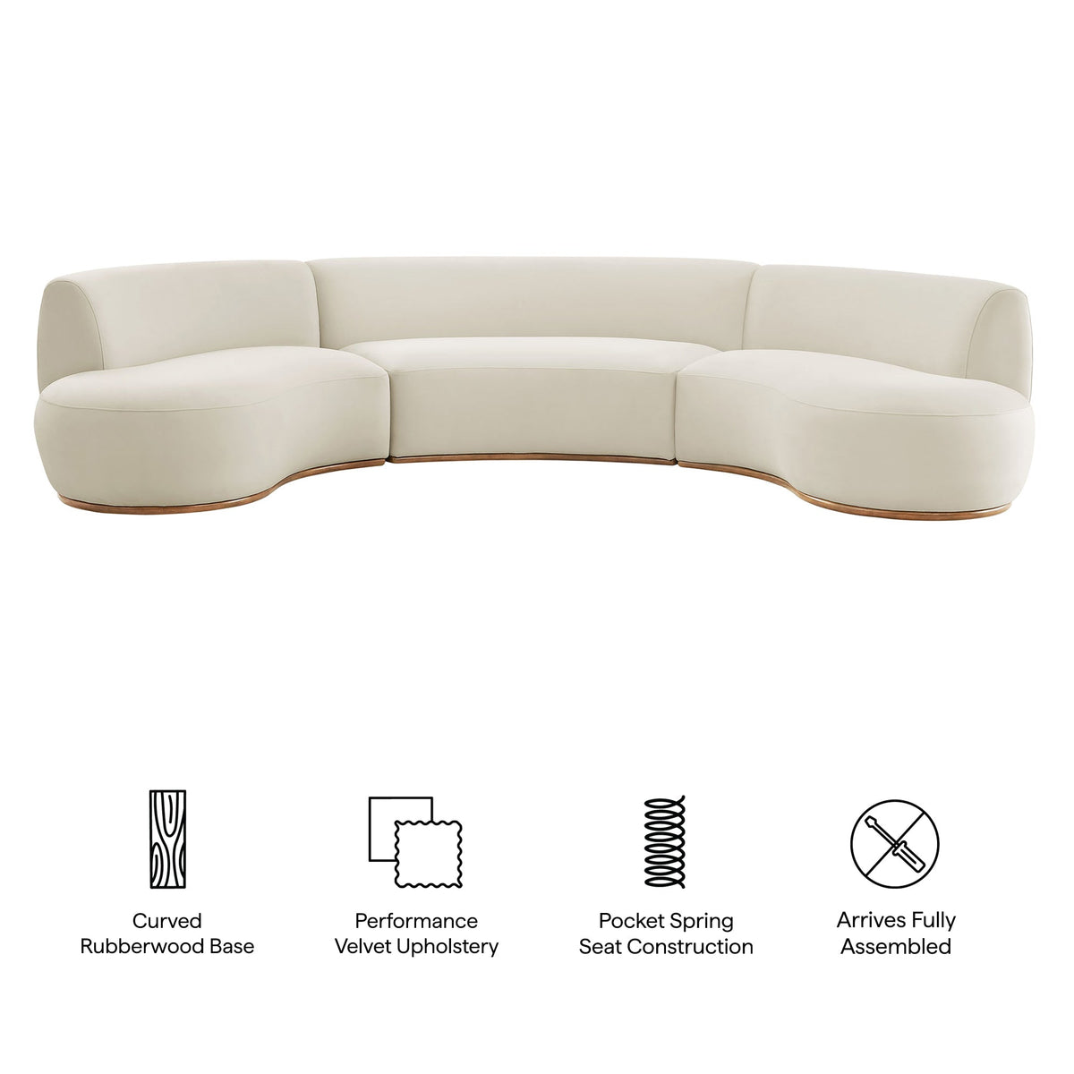 Rialta Alabaster 3 Piece Curved Performance Velvet Sectional Sofa