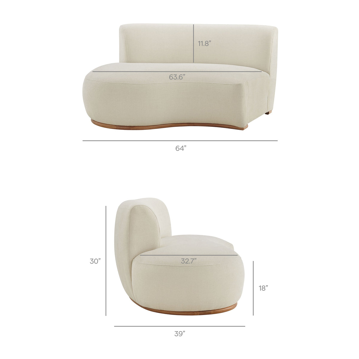 Rialta Ecru 3 Piece Curved Slub Weave Fabric Sectional Sofa