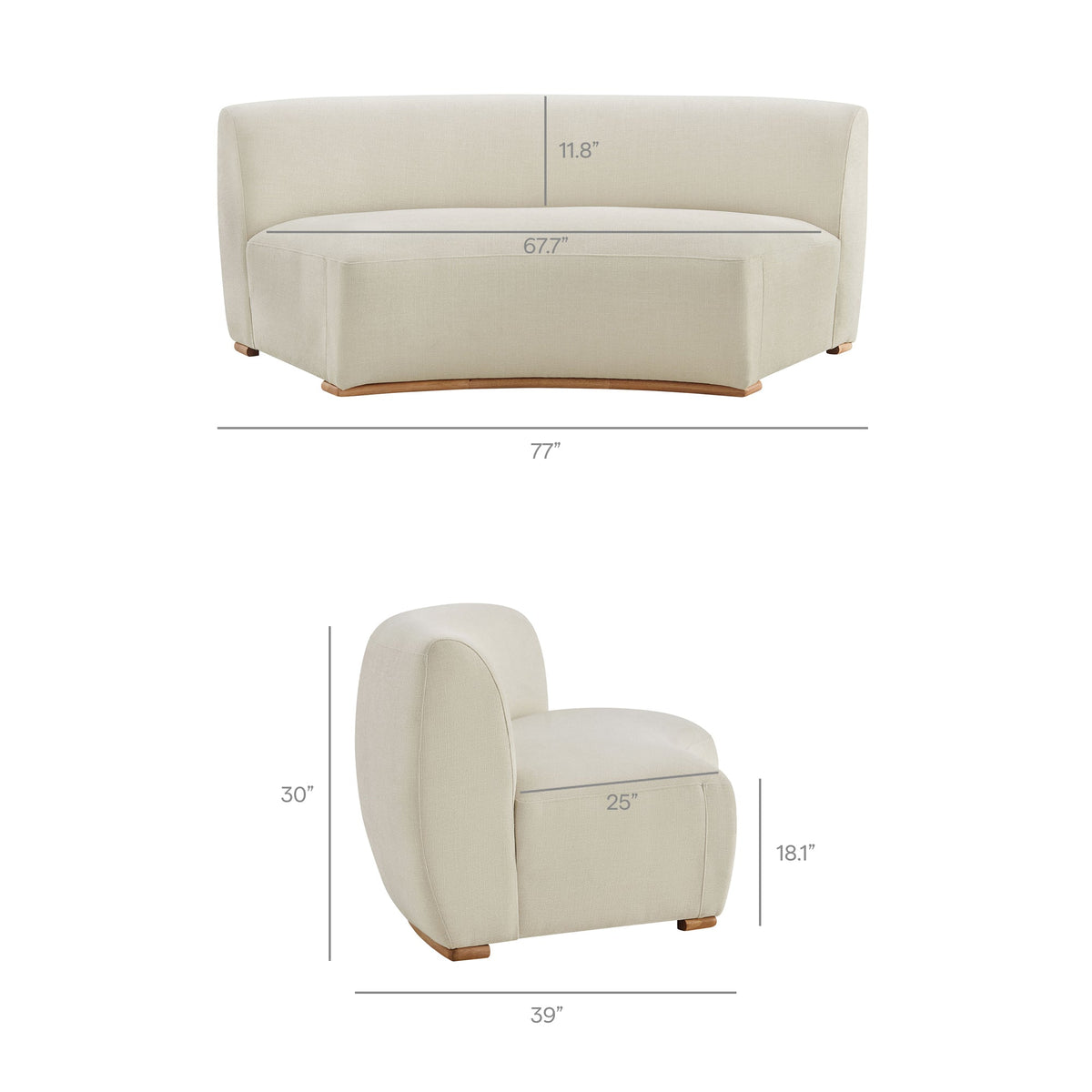 Rialta Ecru Curved Armless Slub Weave Fabric Sectional Loveseat
