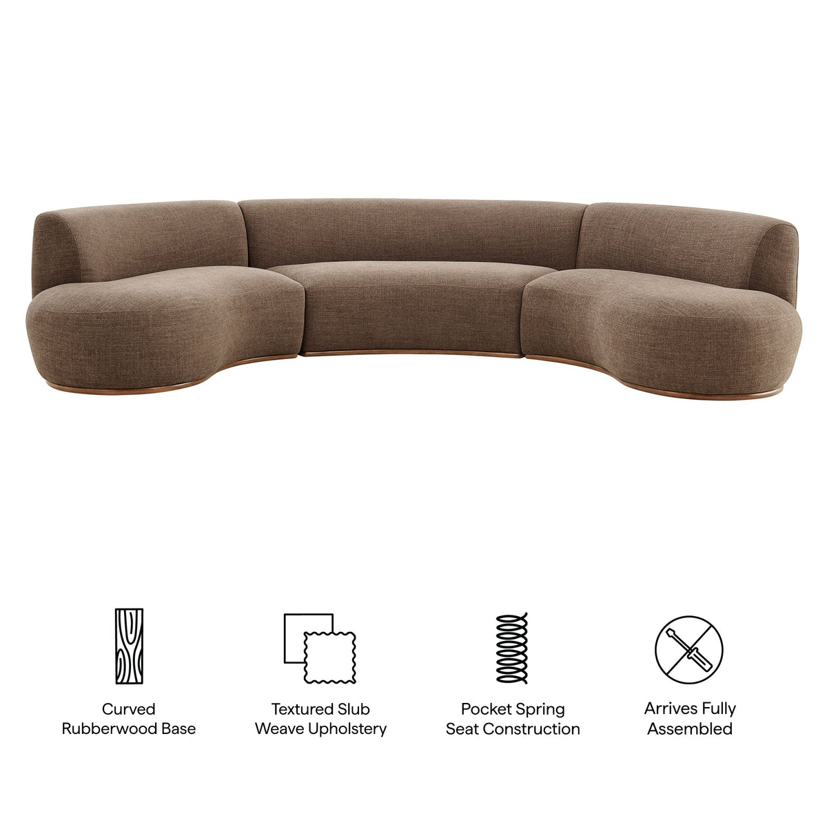 Rialta Mocha 3 Piece Curved Slub Weave Fabric Sectional Sofa - Ornate Home