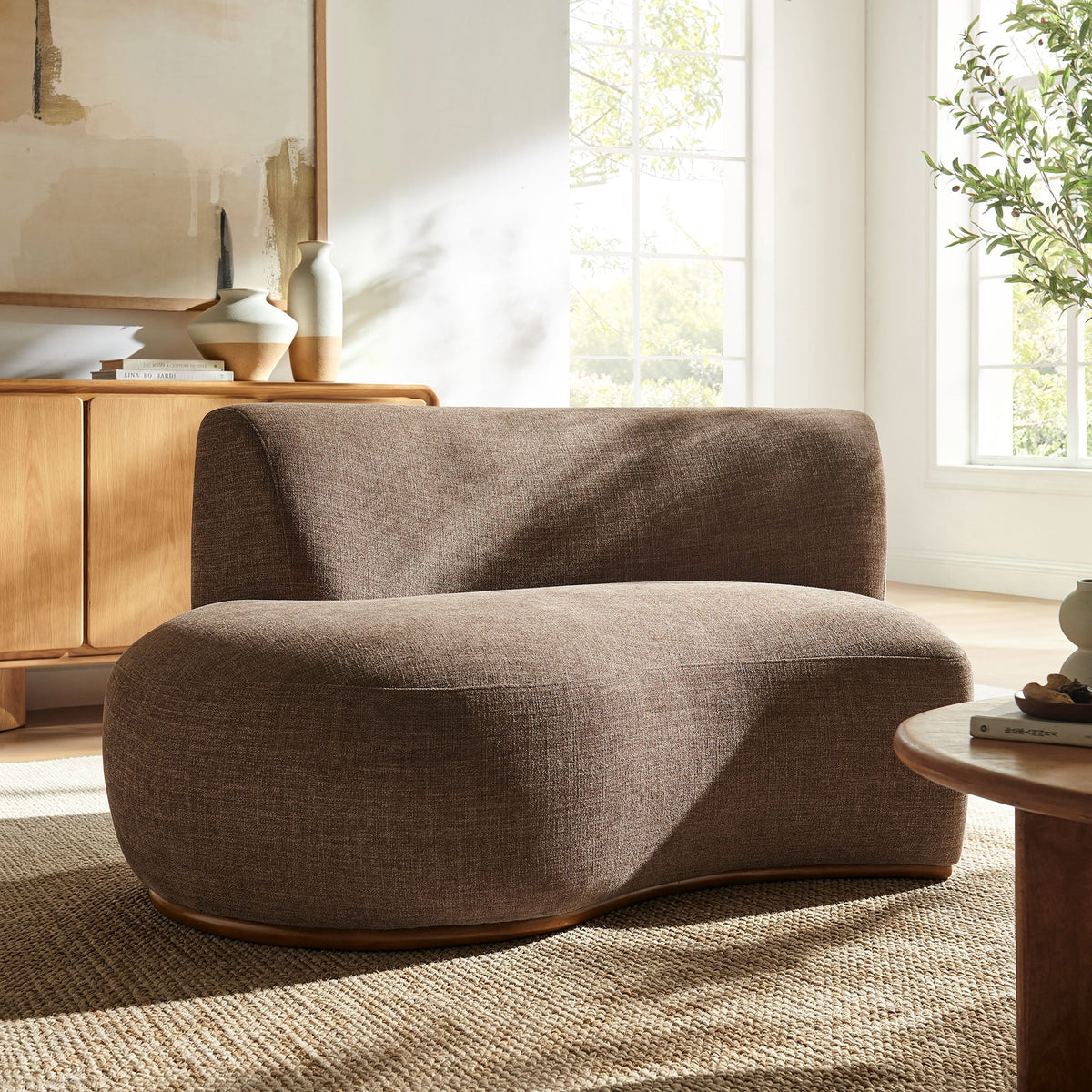 Rialta Mocha Curved Left-Arm Slub Weave Fabric Sectional Loveseat
