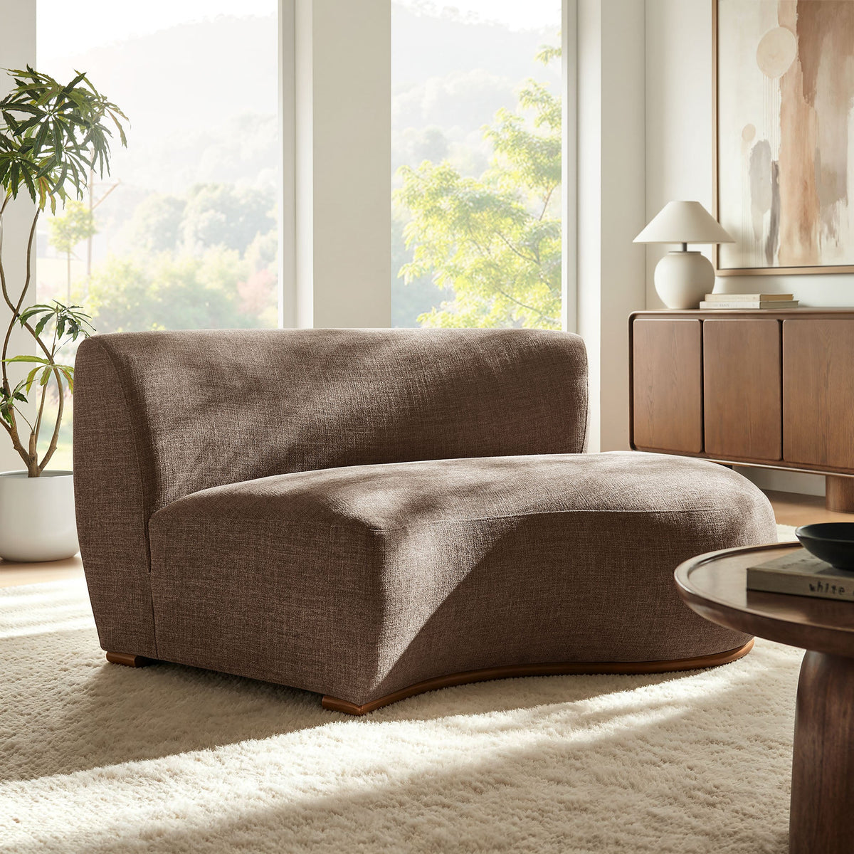 Rialta Mocha Curved Right-Arm Slub Weave Fabric Sectional Loveseat