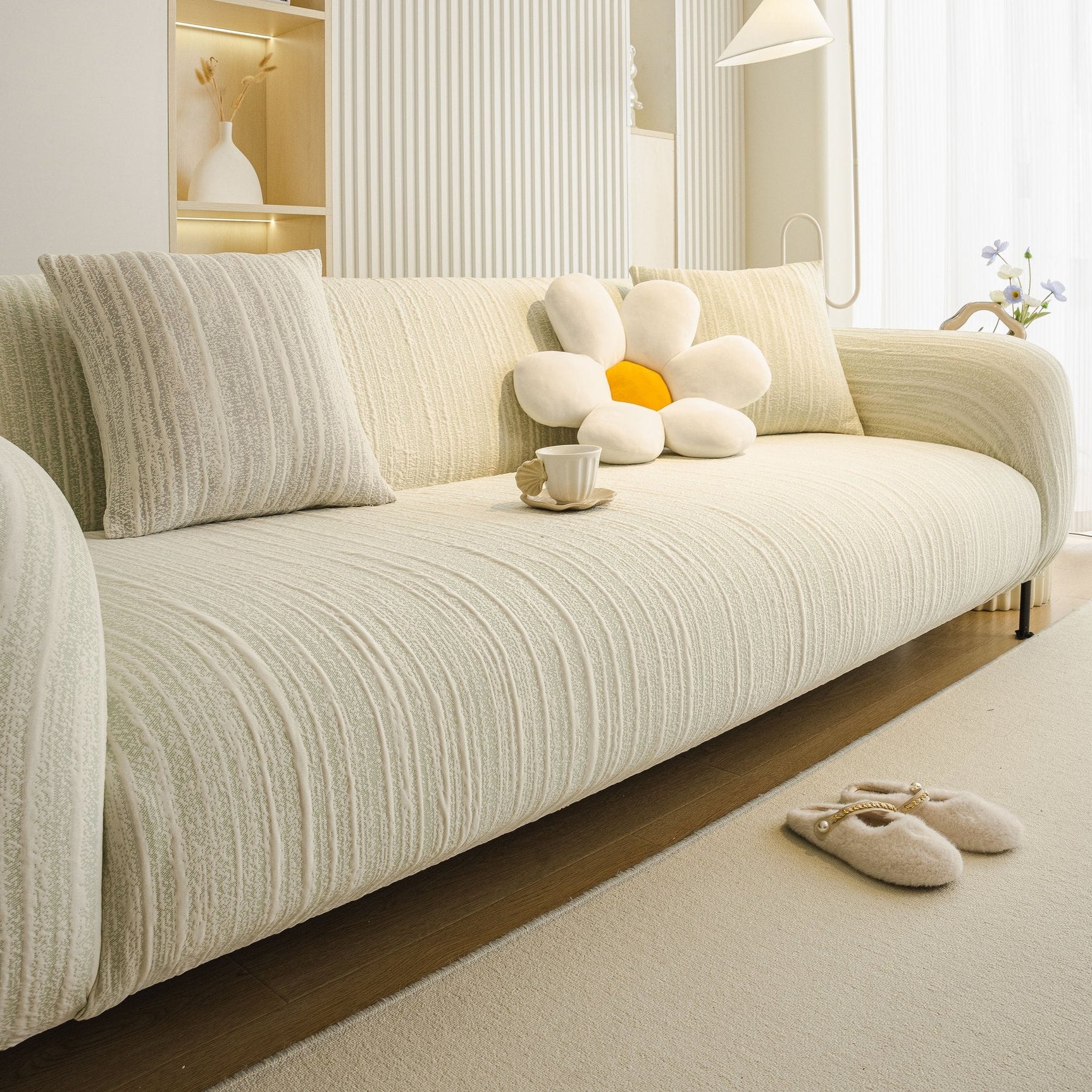 Ribbed Washable Sofa Cover, High Stretch Striped Couch Slipcover with Tie Straps - Ornate Home