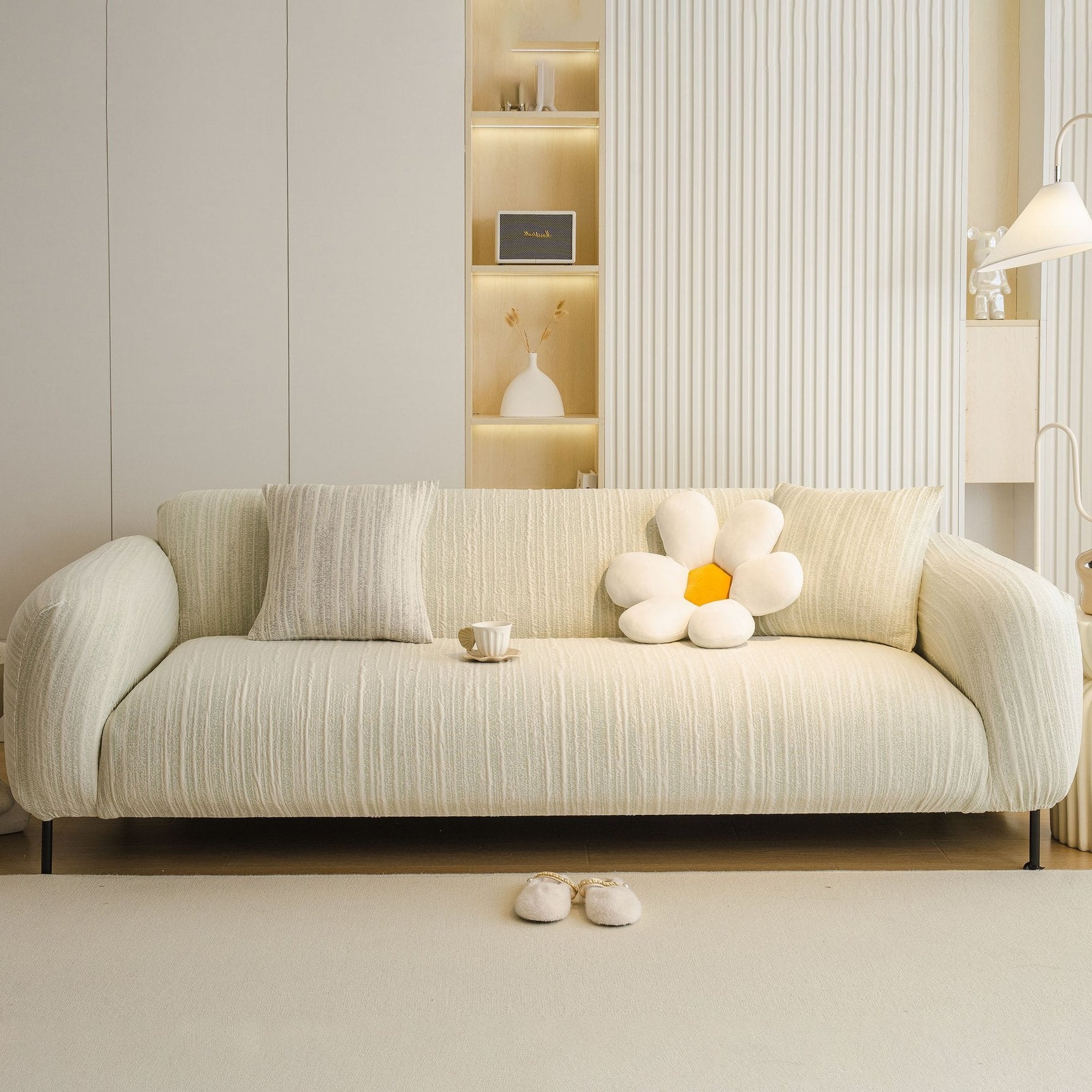 Ribbed Washable Sofa Cover, High Stretch Striped Couch Slipcover with Tie Straps - Ornate Home