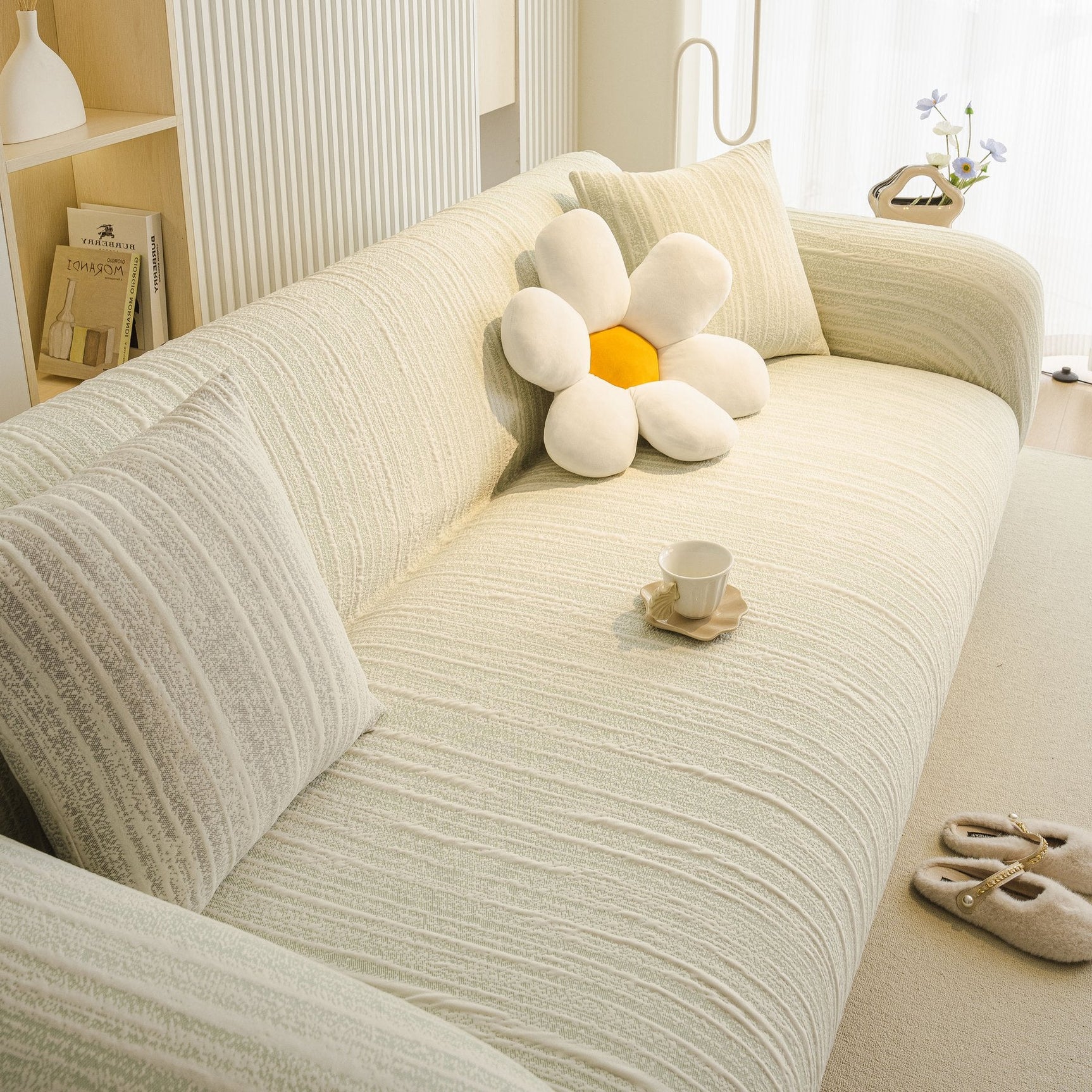 Ribbed Washable Sofa Cover, High Stretch Striped Couch Slipcover with Tie Straps - Ornate Home