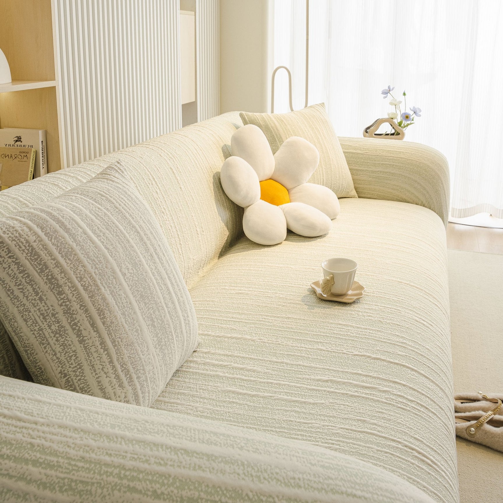Ribbed Washable Sofa Cover, High Stretch Striped Couch Slipcover with Tie Straps - Ornate Home