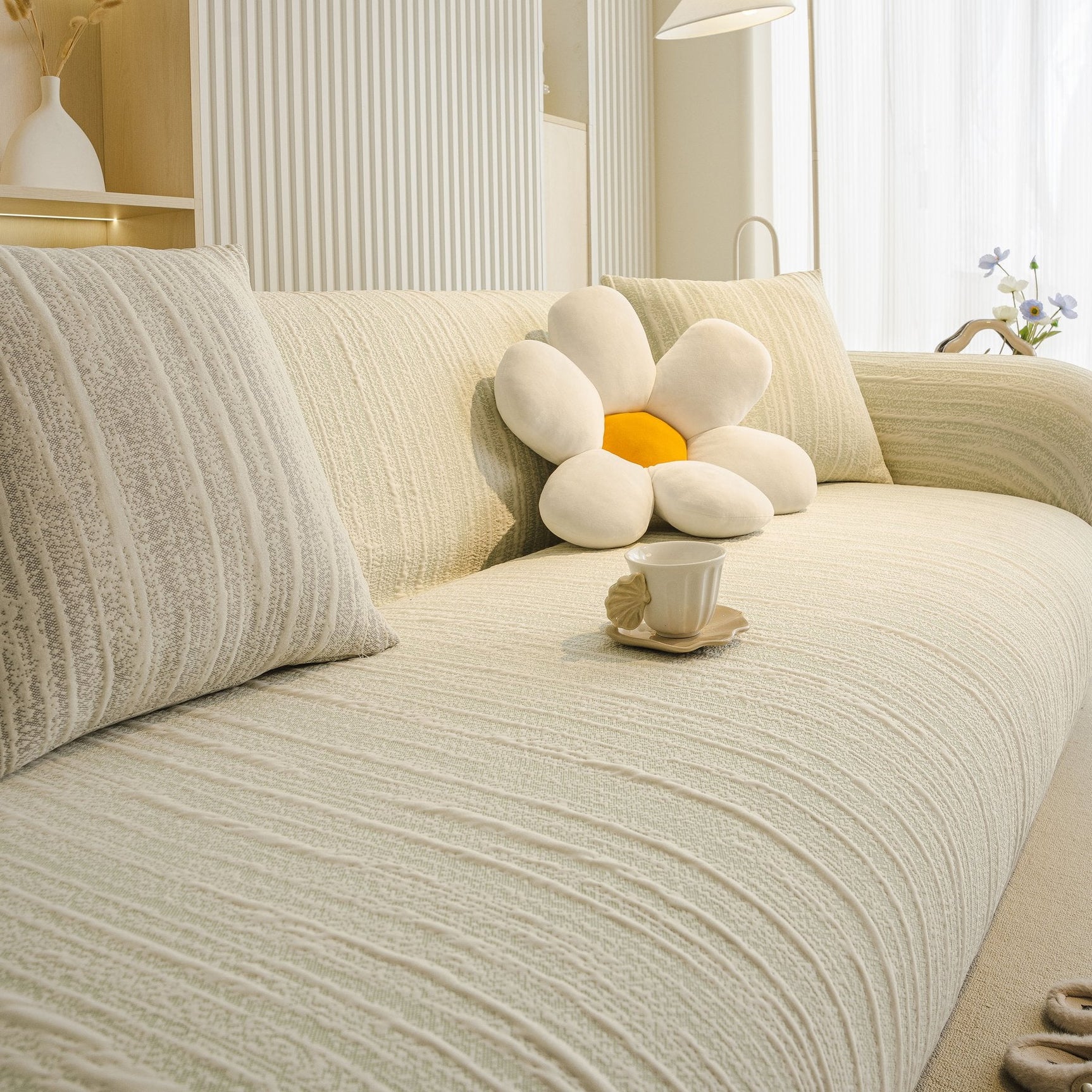 Ribbed Washable Sofa Cover, High Stretch Striped Couch Slipcover with Tie Straps - Ornate Home
