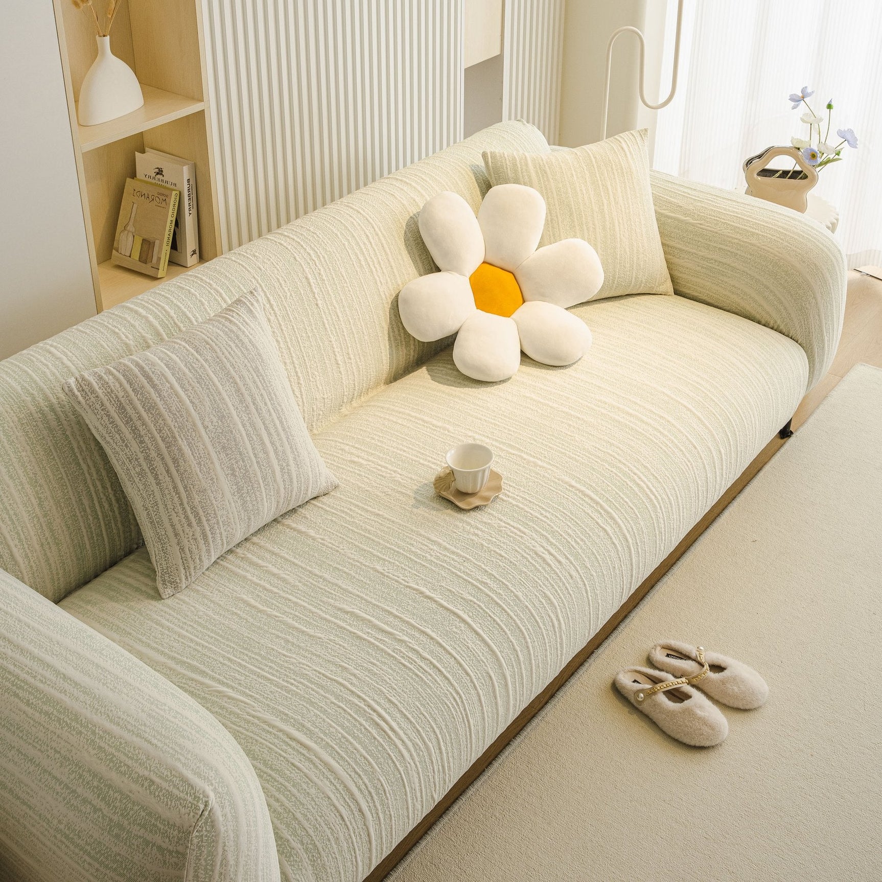 Ribbed Washable Sofa Cover, High Stretch Striped Couch Slipcover with Tie Straps - Ornate Home