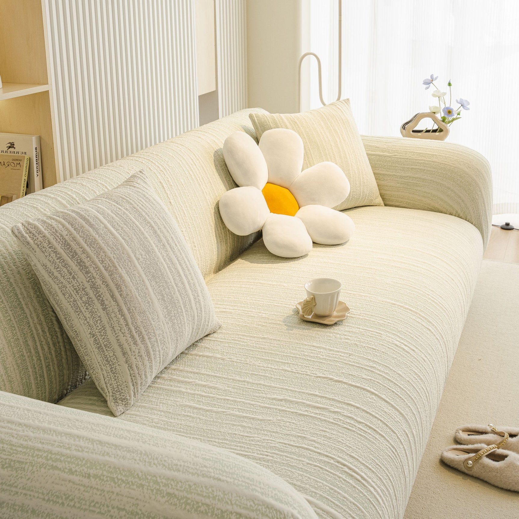 Ribbed Washable Sofa Cover, High Stretch Striped Couch Slipcover with Tie Straps - Ornate Home