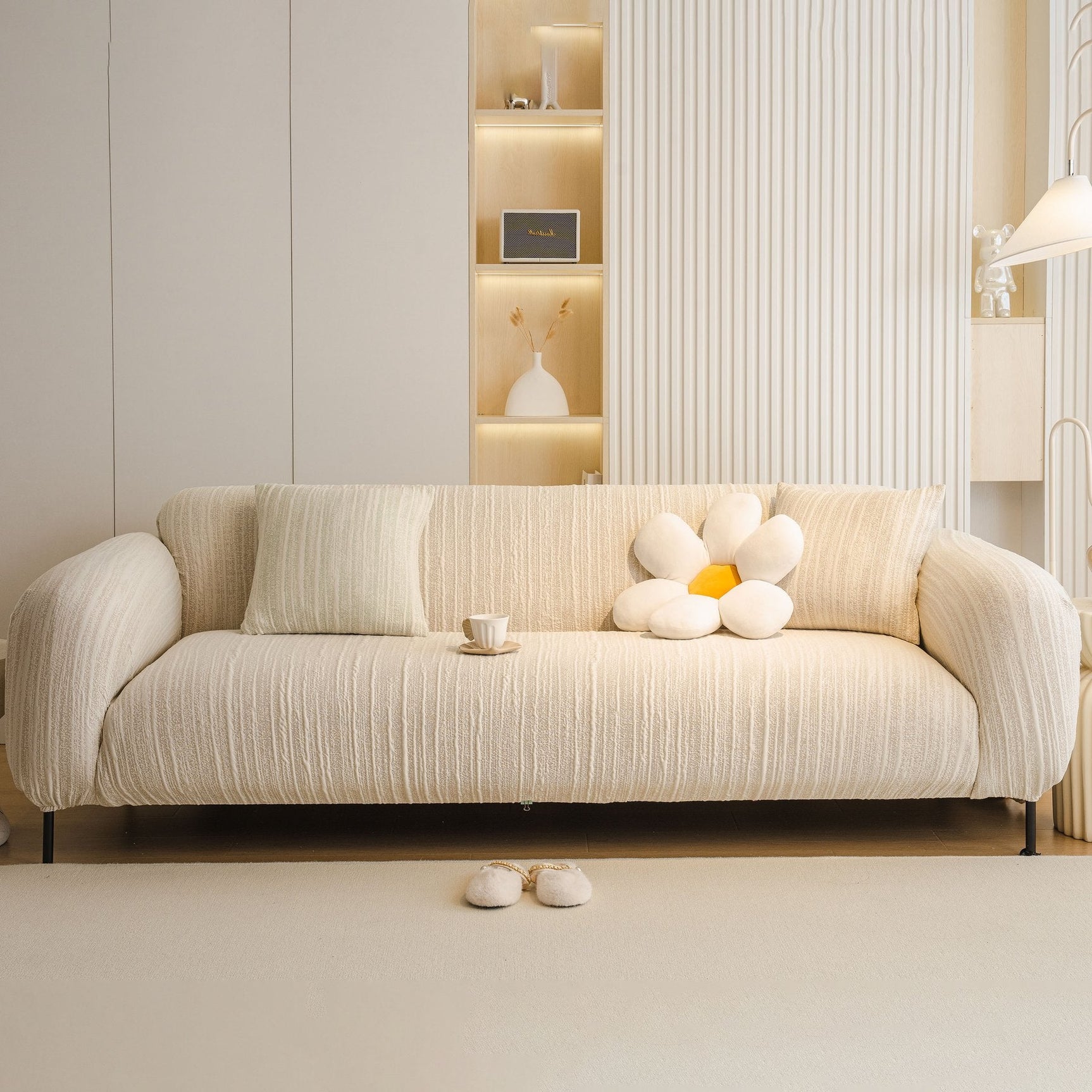 Ribbed Washable Sofa Cover, High Stretch Striped Couch Slipcover with Tie Straps - Ornate Home