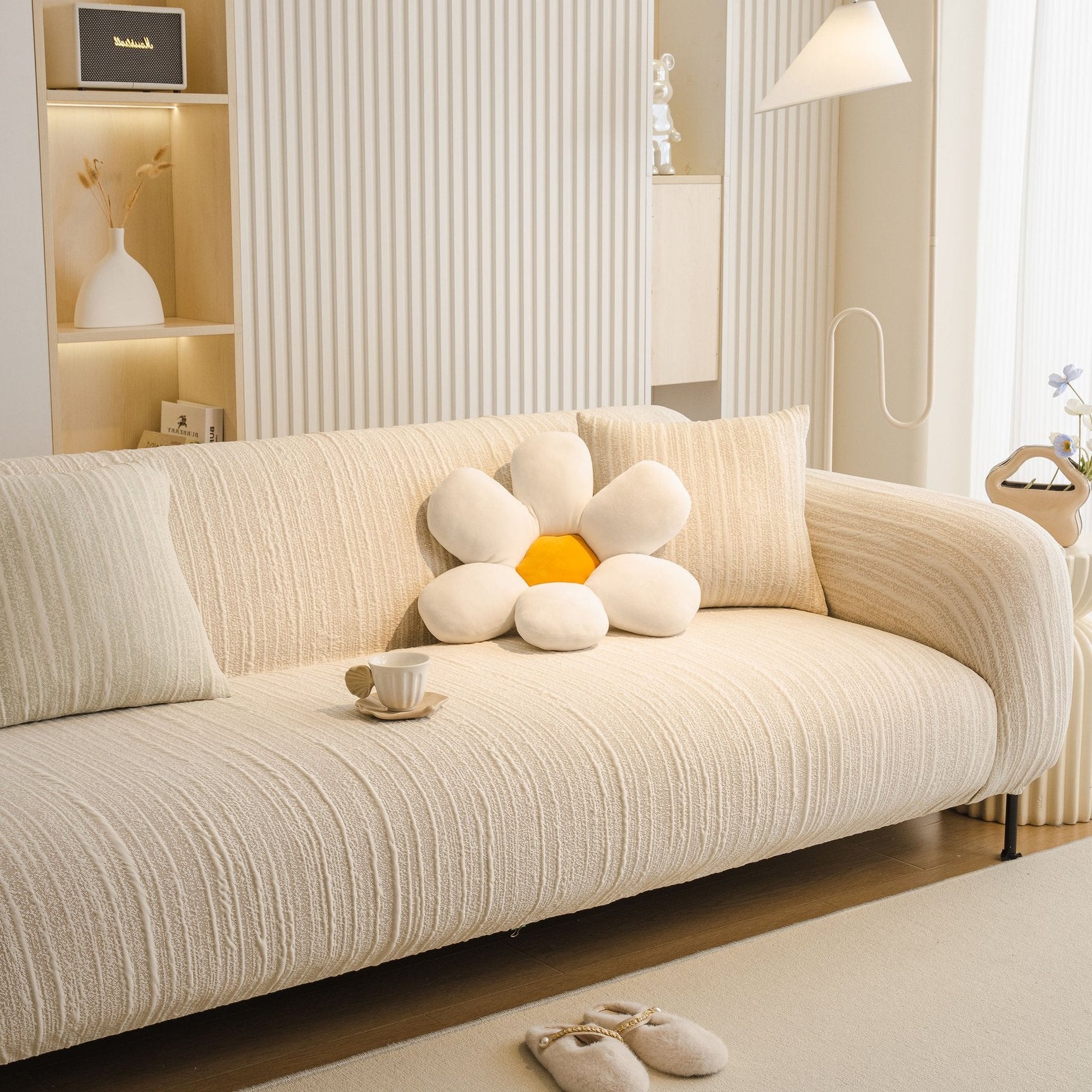 Ribbed Washable Sofa Cover, High Stretch Striped Couch Slipcover with Tie Straps - Ornate Home