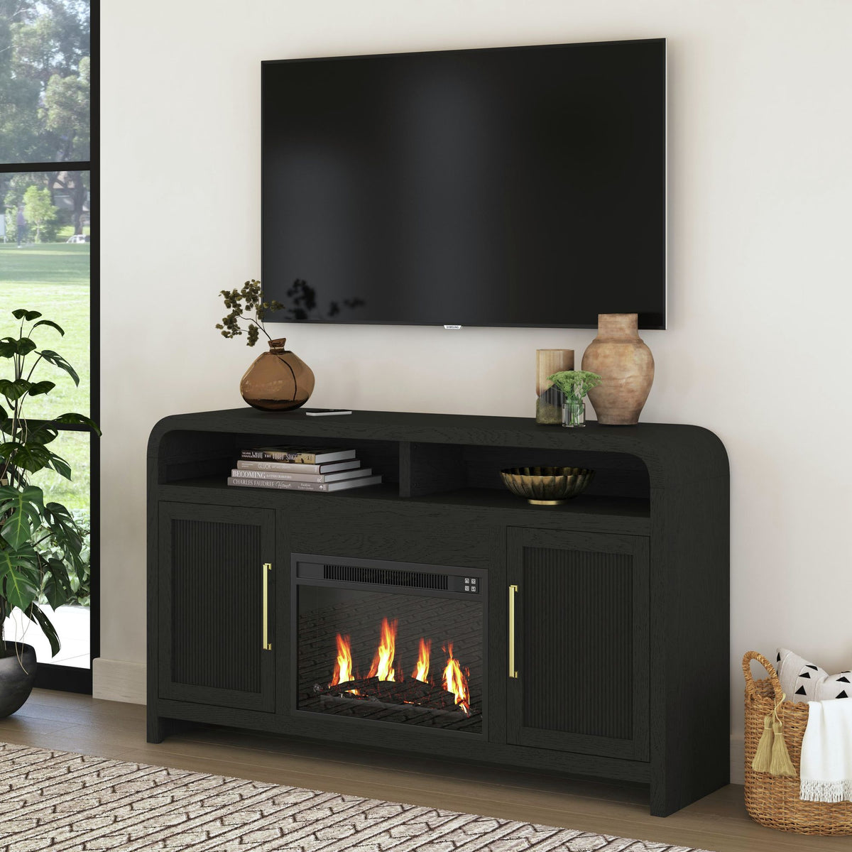 Ridgemont Black with Grain Complete 60" Fireplace Cabinet - Ornate Home