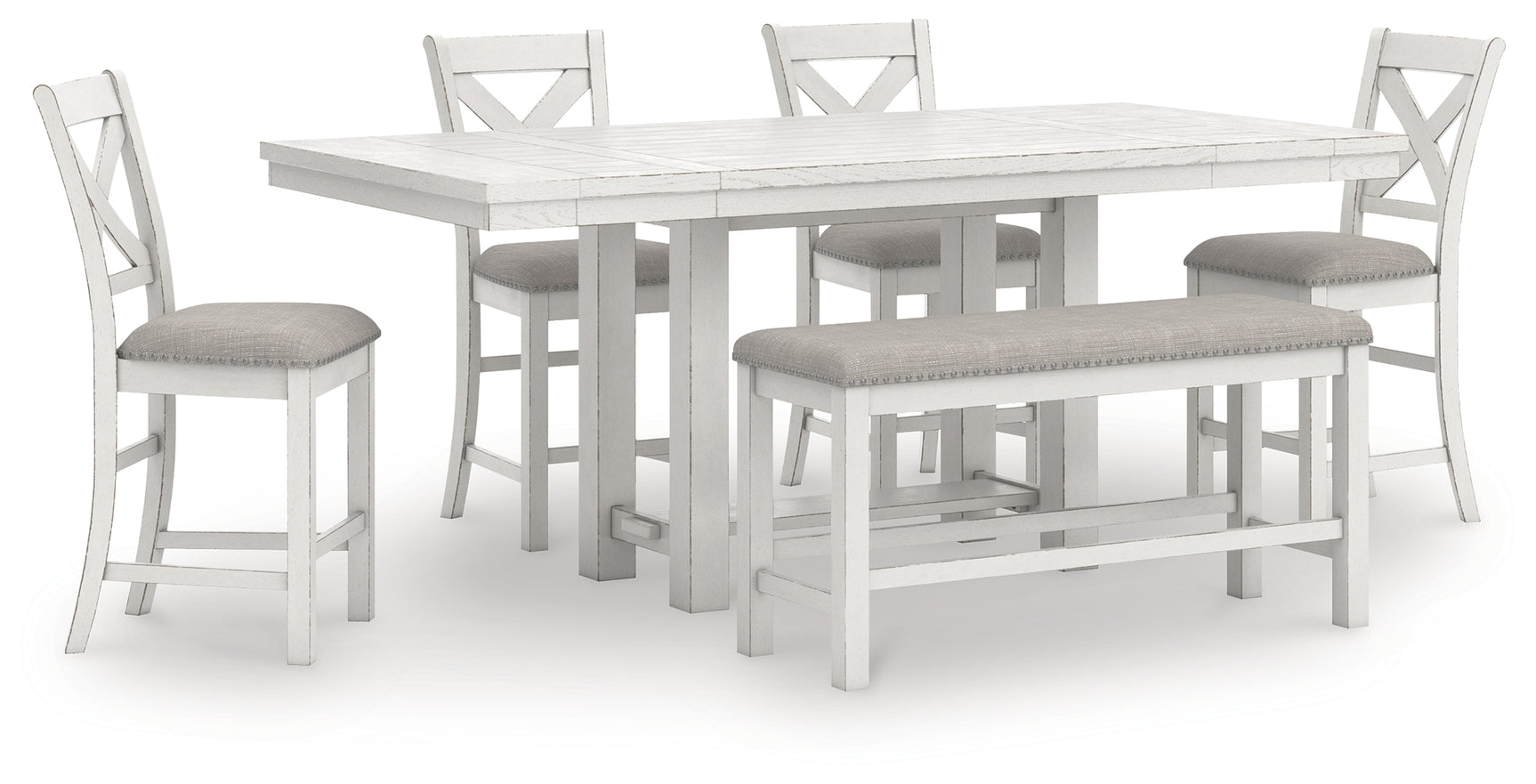 Robbinsdale Antique White Counter Height Dining Table, 4 Barstools and Bench - Ornate Home