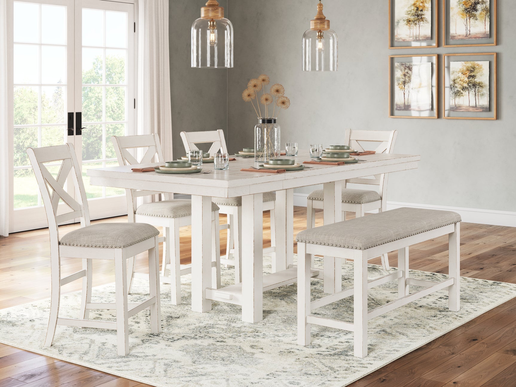 Robbinsdale Antique White Counter Height Dining Table, 4 Barstools and Bench - Ornate Home