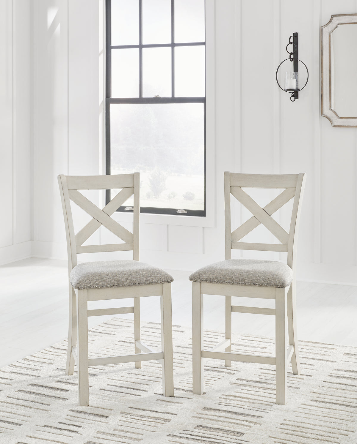 Robbinsdale Antique White Counter Height Dining Table, 4 Barstools and Bench - Ornate Home