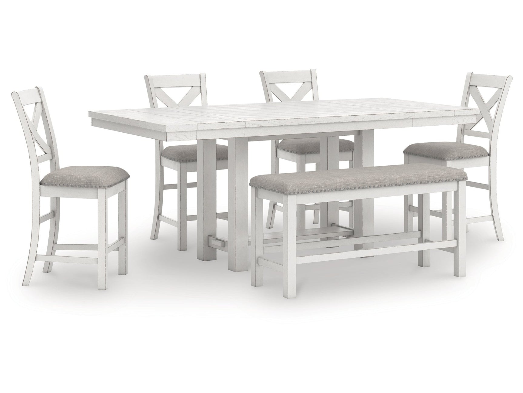 Robbinsdale Antique White Counter Height Dining Table and 4 Barstools and Bench - Ornate Home