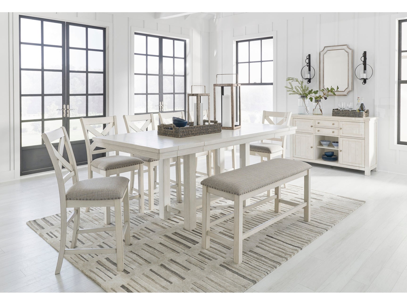 Robbinsdale Antique White Counter Height Dining Table and 4 Barstools and Bench - Ornate Home