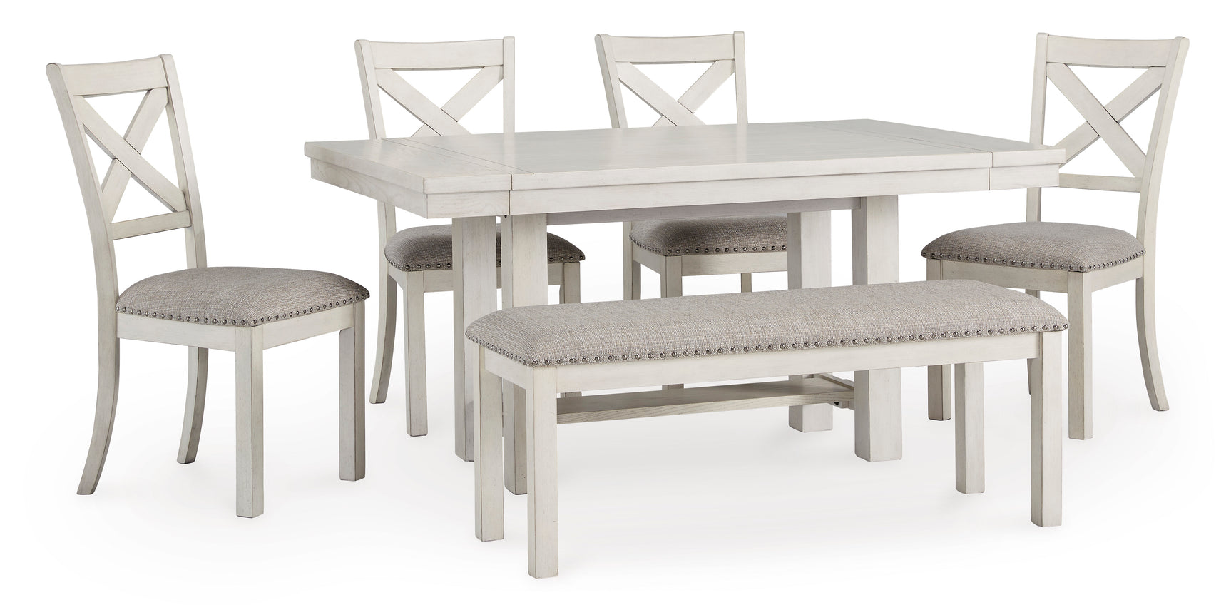 Robbinsdale Antique White Dining Table w/4 Chairs & Bench - Ornate Home