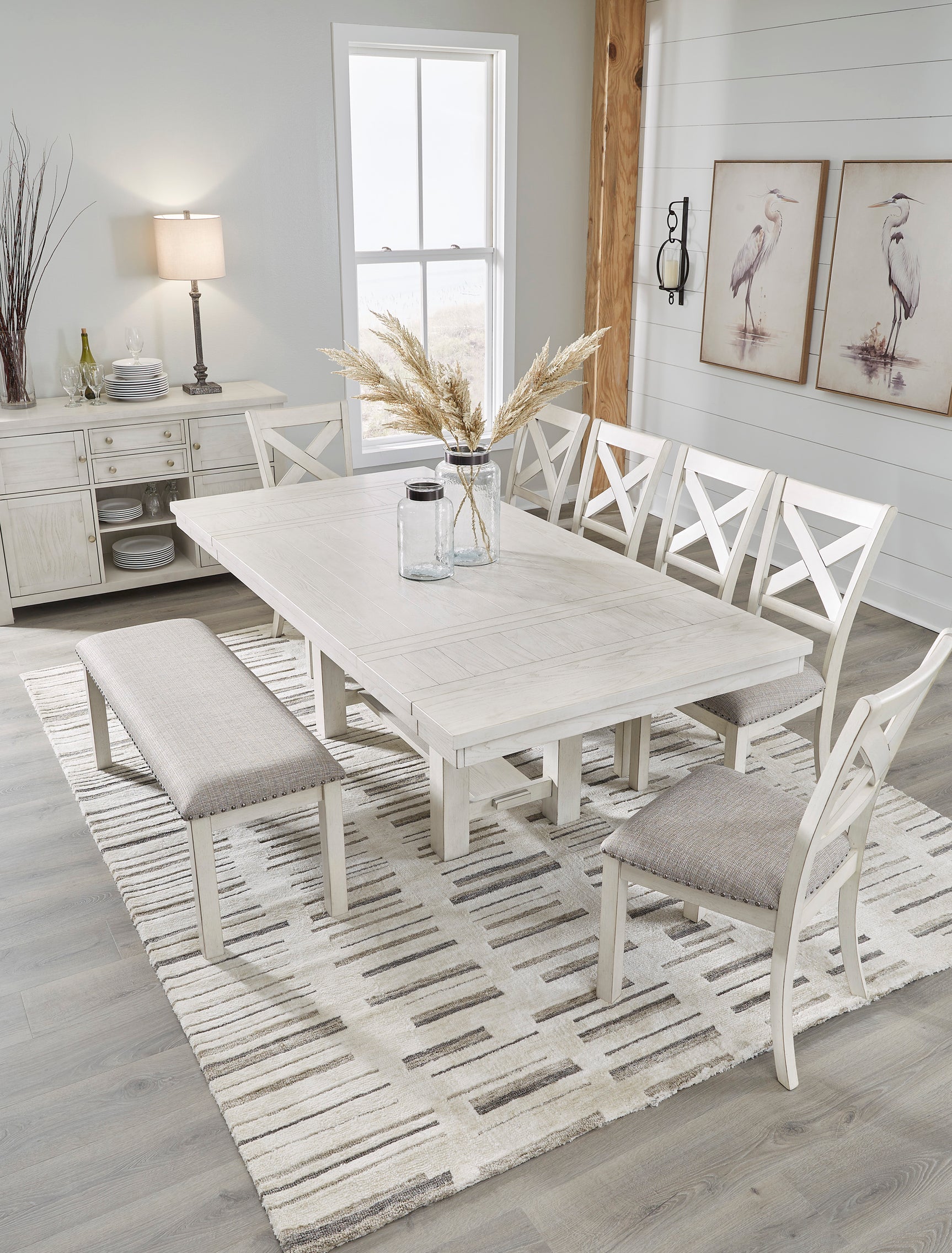 Robbinsdale Antique White Dining Table w/4 Chairs & Bench and Server - Ornate Home