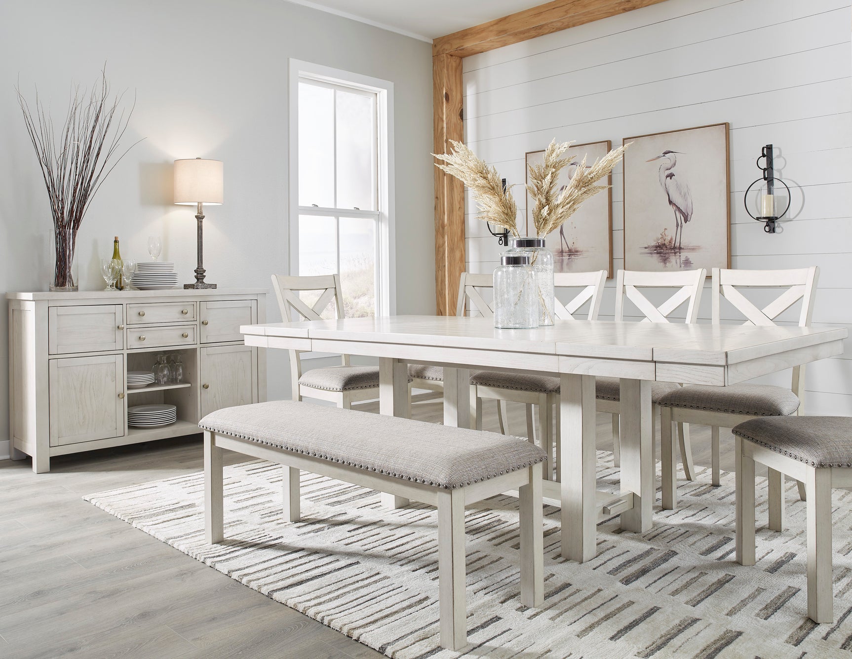 Robbinsdale Antique White Dining Table w/4 Chairs & Bench and Server - Ornate Home