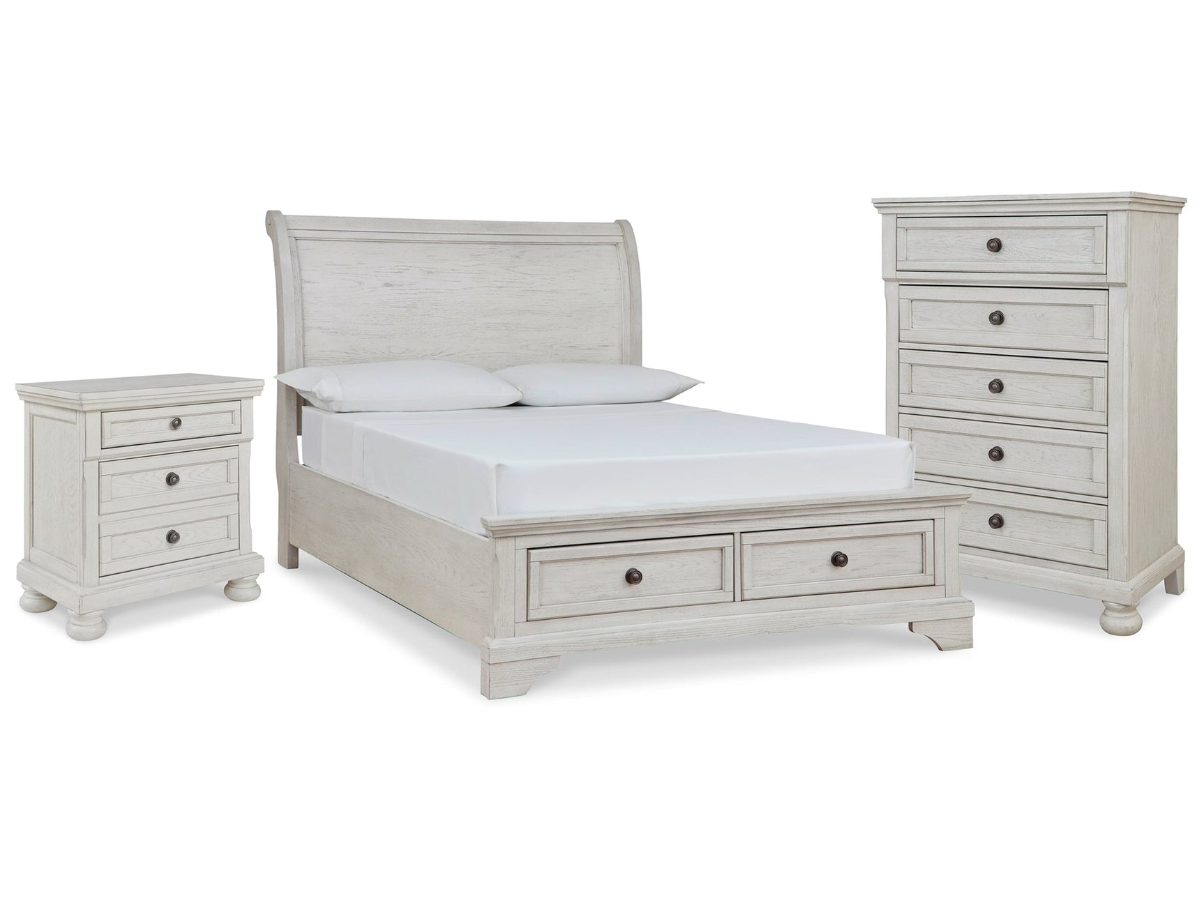 Robbinsdale Antique White Full Sleigh Storage Bed, Chest and Nightstand (Online Special Price) - Ornate Home