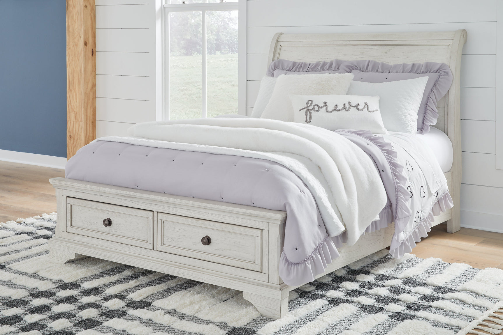 Robbinsdale Antique White Full Storage Sleigh Bedroom Set with Dresser, Mirror, Chest and Nightstand (Online Special Price) - Ornate Home