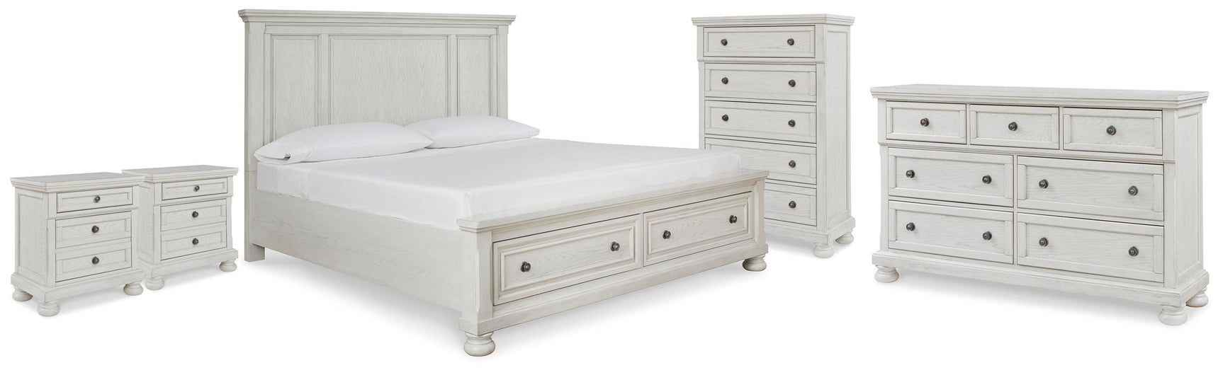 Robbinsdale Antique White King Panel Storage Bed, Dresser, Chest and 2 Nightstands - Ornate Home