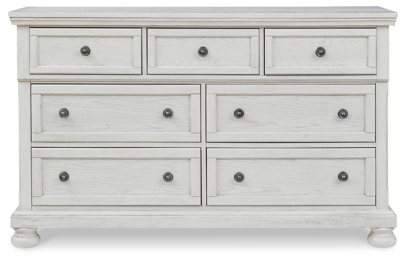 Robbinsdale Antique White King Panel Storage Bed, Dresser, Chest and 2 Nightstands - Ornate Home