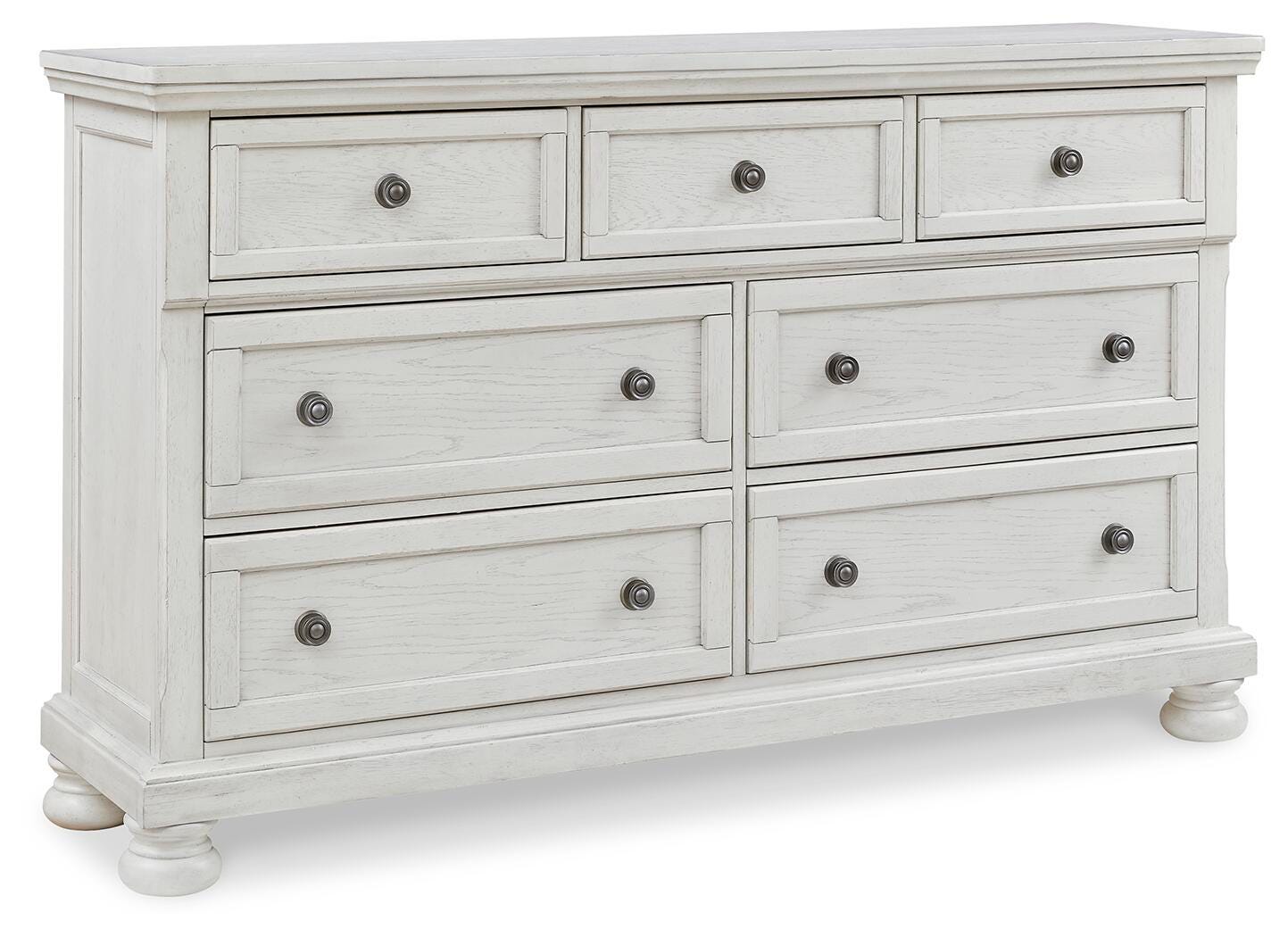 Robbinsdale Antique White King Panel Storage Bed, Dresser, Chest and 2 Nightstands - Ornate Home