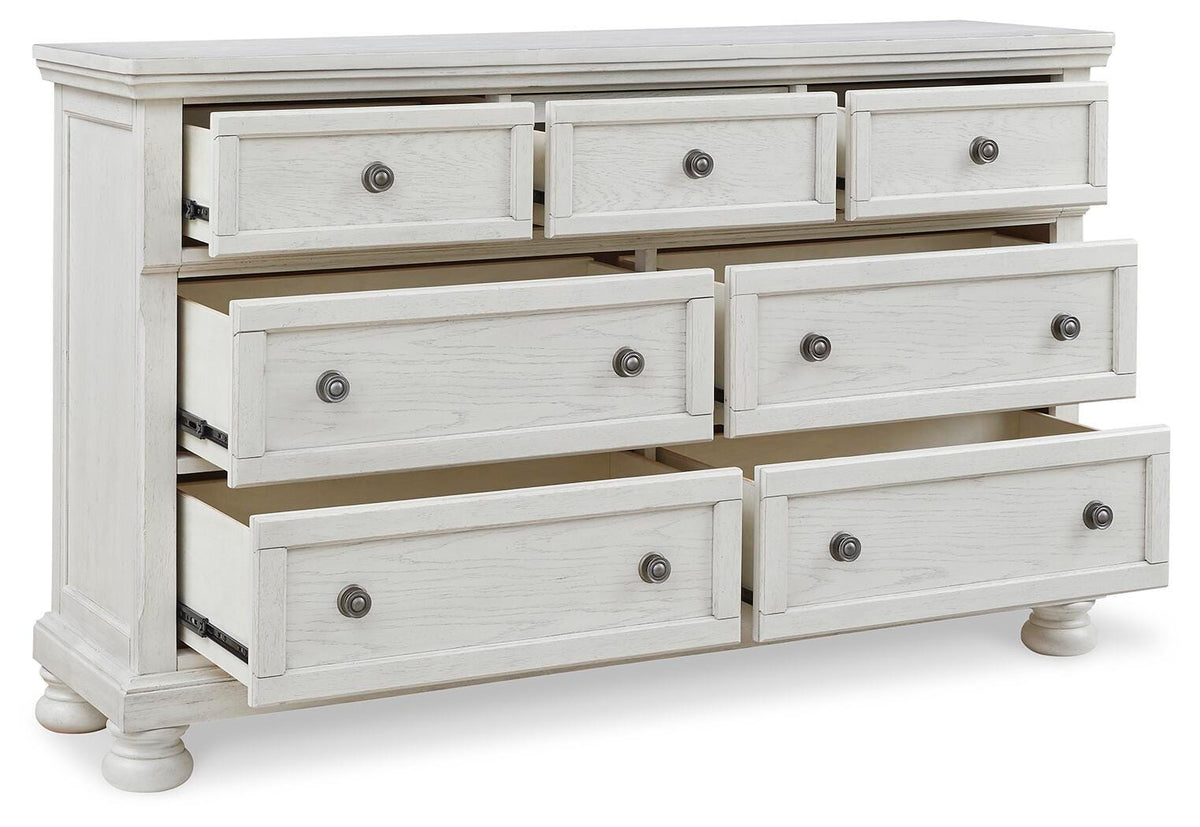 Robbinsdale Antique White King Panel Storage Bed, Dresser, Chest and 2 Nightstands - Ornate Home