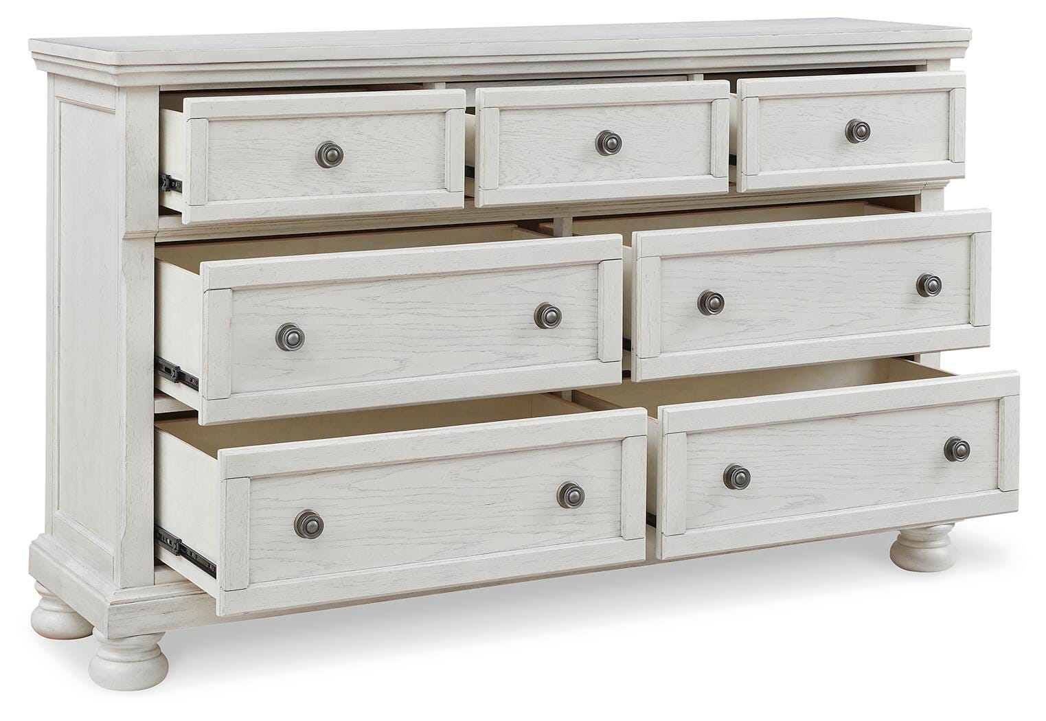 Robbinsdale Antique White King Panel Storage Bed, Dresser, Chest and 2 Nightstands - Ornate Home