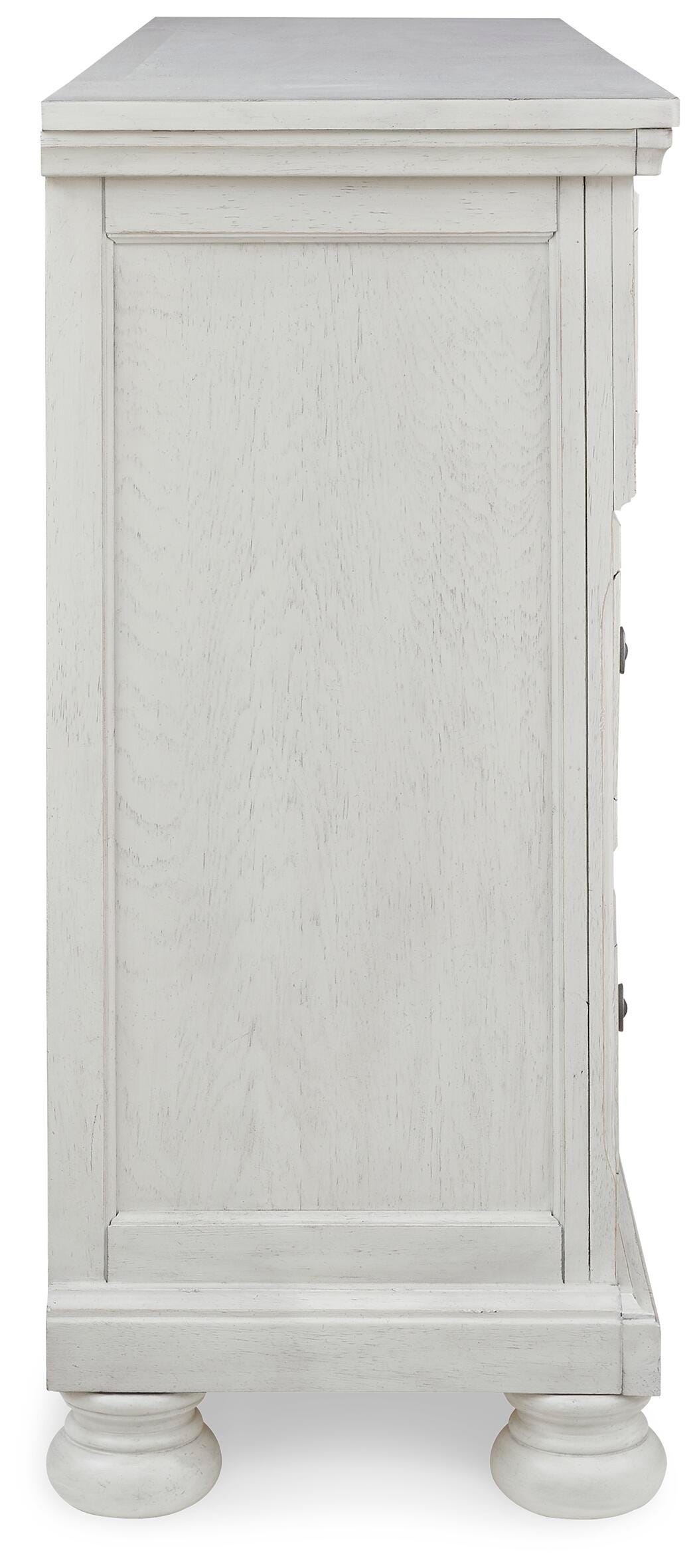 Robbinsdale Antique White King Panel Storage Bed, Dresser, Chest and 2 Nightstands - Ornate Home