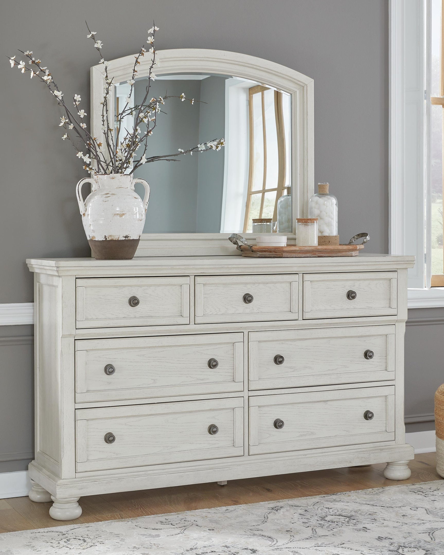 Robbinsdale Antique White King Panel Storage Bed, Dresser, Chest and 2 Nightstands - Ornate Home