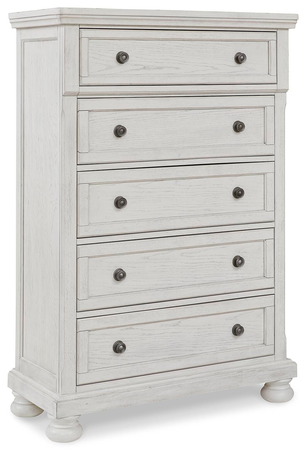 Robbinsdale Antique White King Panel Storage Bed, Dresser, Chest and 2 Nightstands - Ornate Home