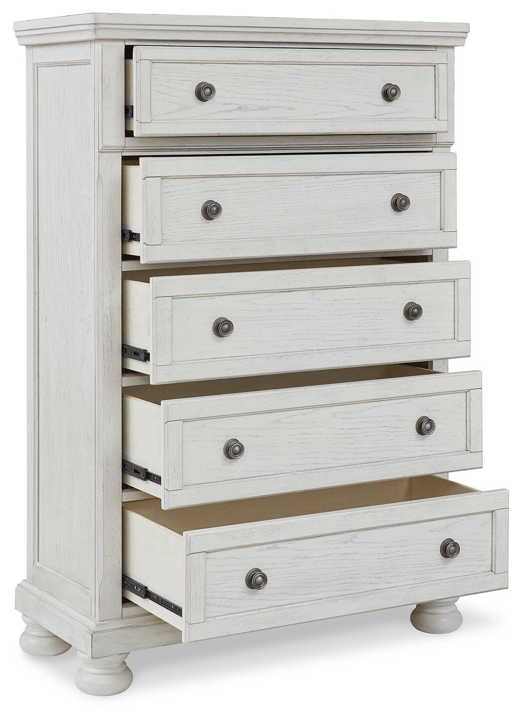 Robbinsdale Antique White King Panel Storage Bed, Dresser, Chest and 2 Nightstands - Ornate Home