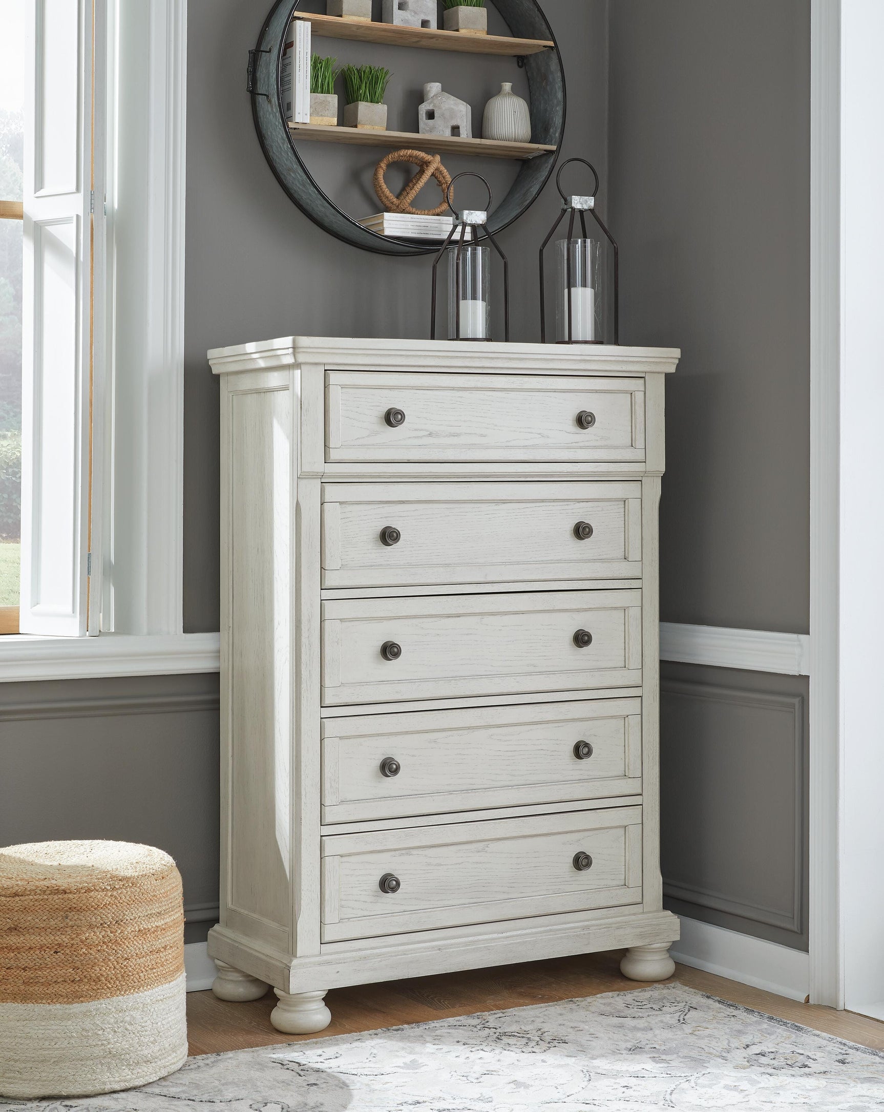 Robbinsdale Antique White King Panel Storage Bed, Dresser, Chest and 2 Nightstands - Ornate Home