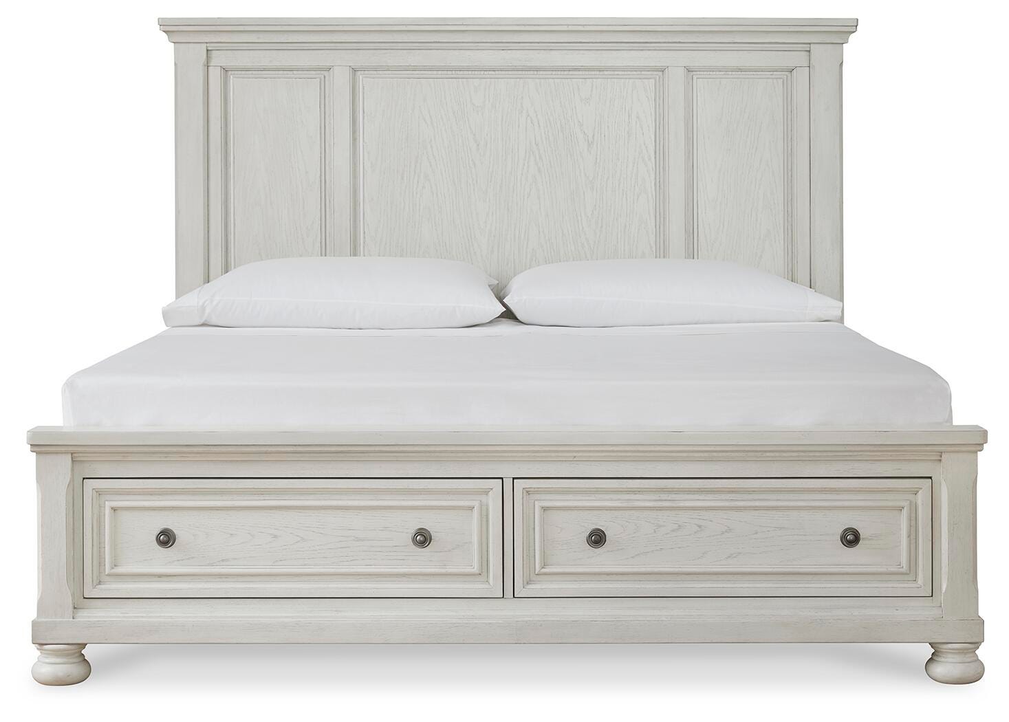 Robbinsdale Antique White King Panel Storage Bed, Dresser, Chest and 2 Nightstands - Ornate Home