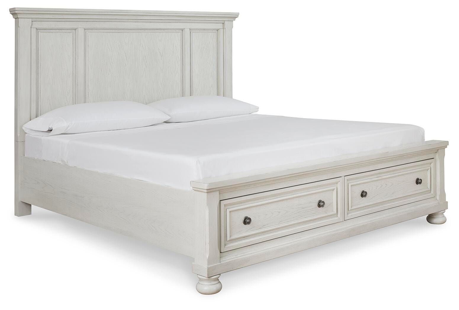Robbinsdale Antique White King Panel Storage Bed, Dresser, Chest and 2 Nightstands - Ornate Home