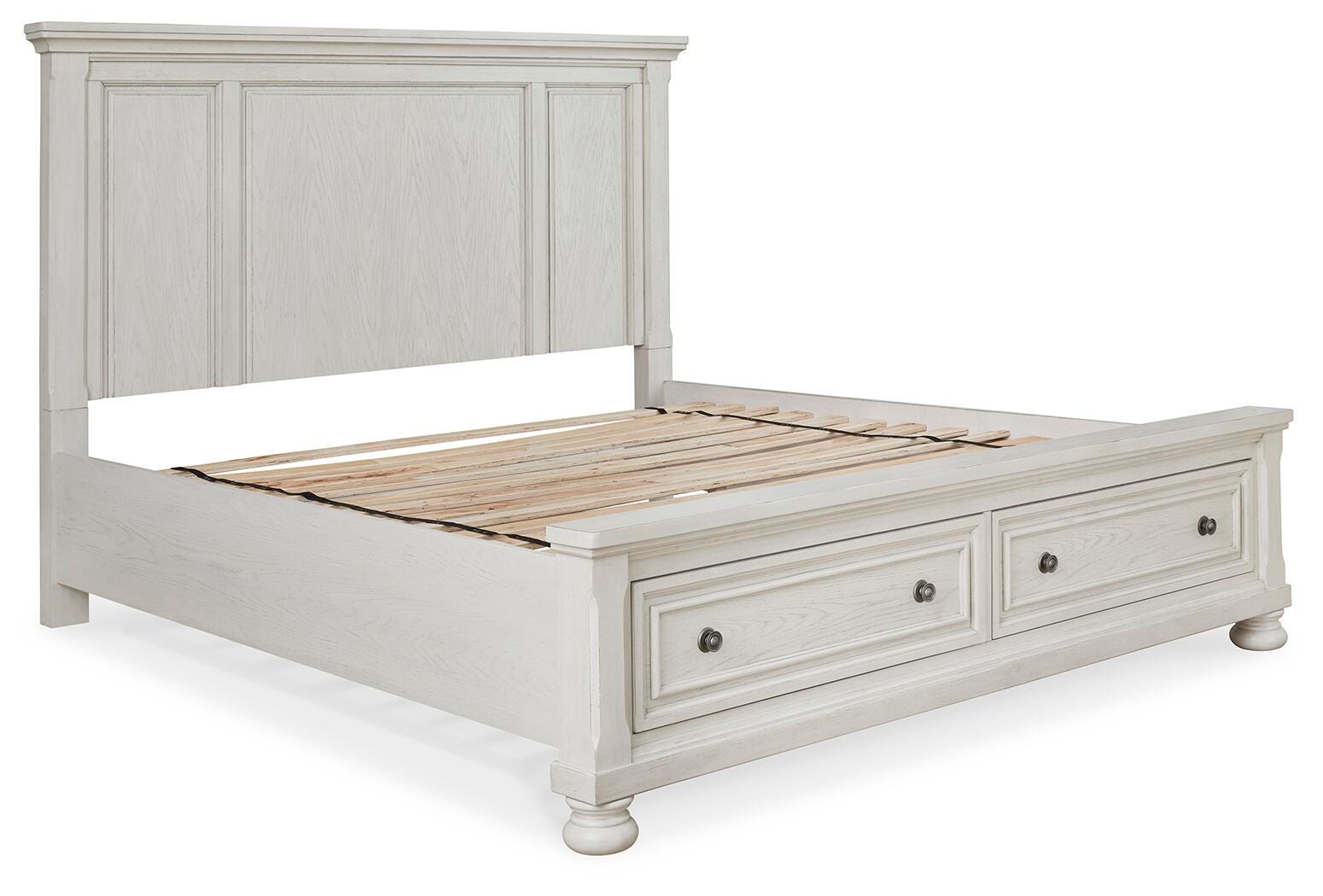 Robbinsdale Antique White King Panel Storage Bed, Dresser, Chest and 2 Nightstands - Ornate Home