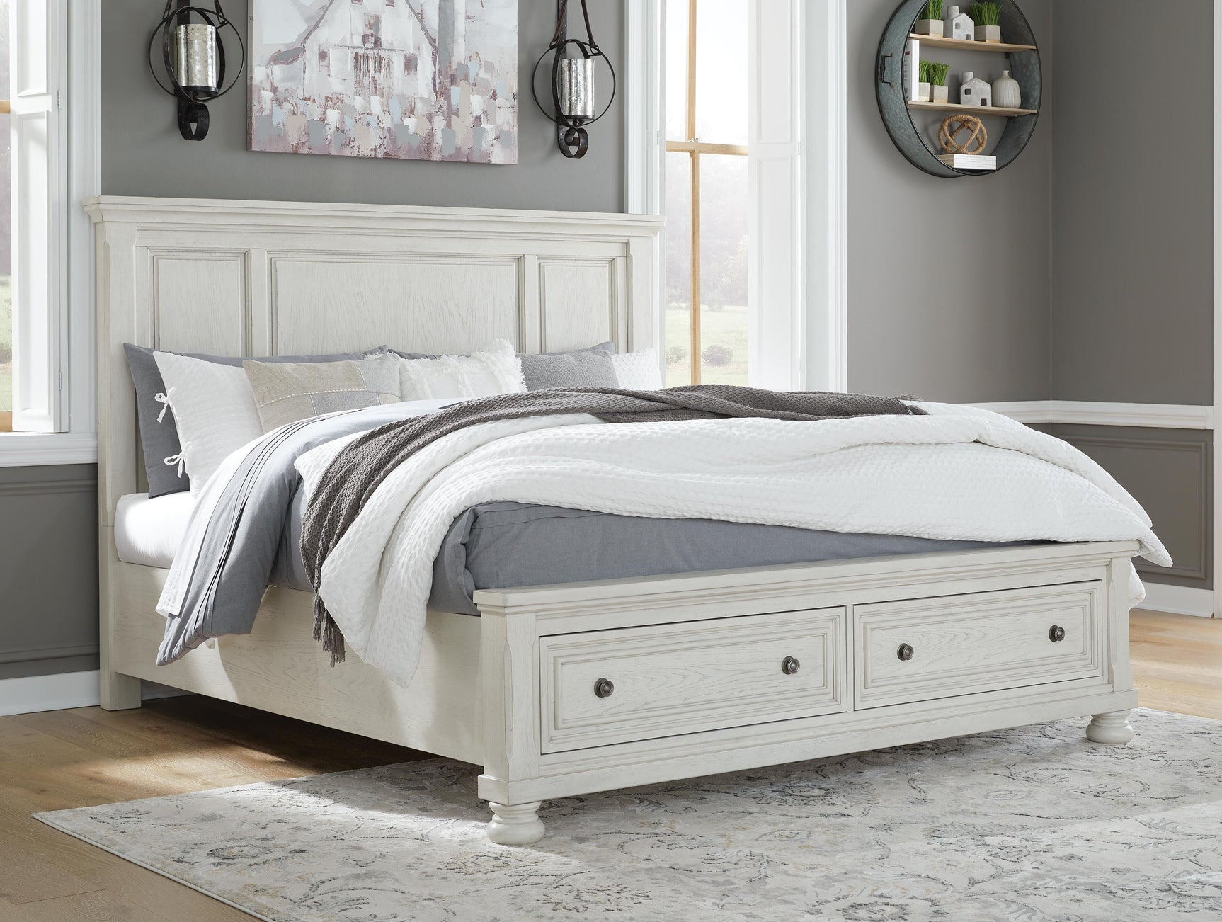 Robbinsdale Antique White King Panel Storage Bed, Dresser, Chest and 2 Nightstands - Ornate Home