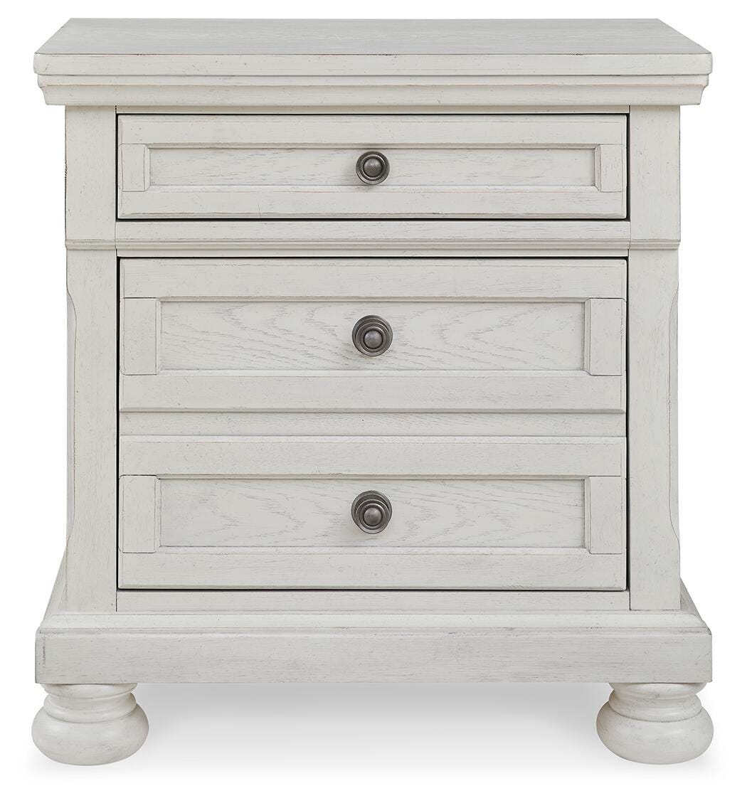 Robbinsdale Antique White King Panel Storage Bed, Dresser, Chest and 2 Nightstands - Ornate Home
