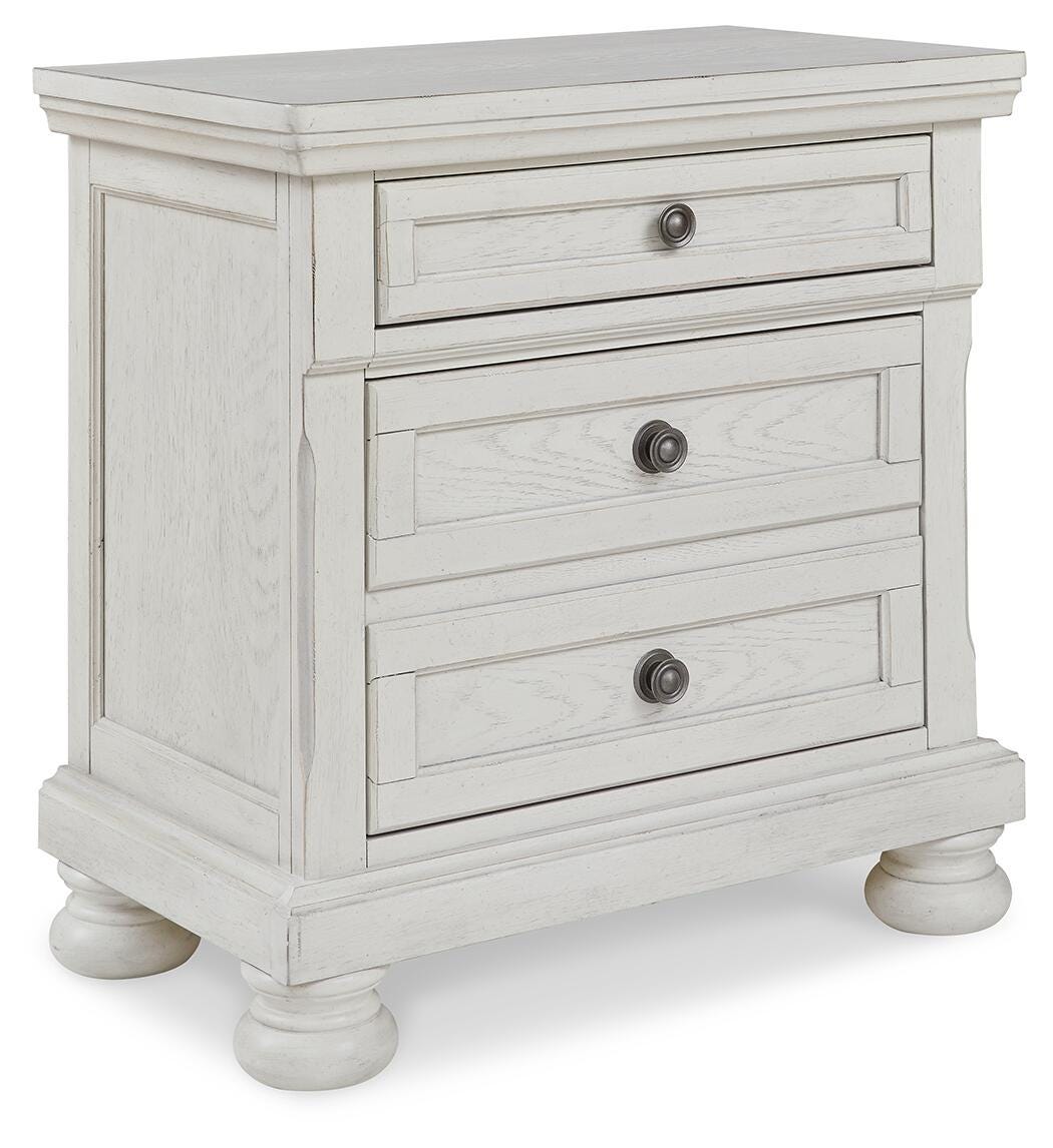 Robbinsdale Antique White King Panel Storage Bed, Dresser, Chest and 2 Nightstands - Ornate Home
