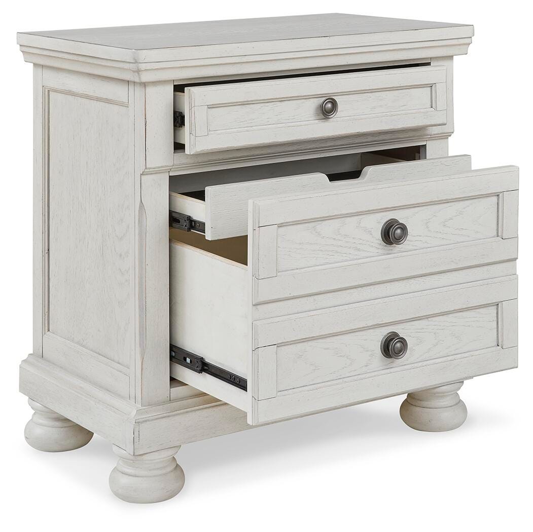 Robbinsdale Antique White King Panel Storage Bed, Dresser, Chest and 2 Nightstands - Ornate Home