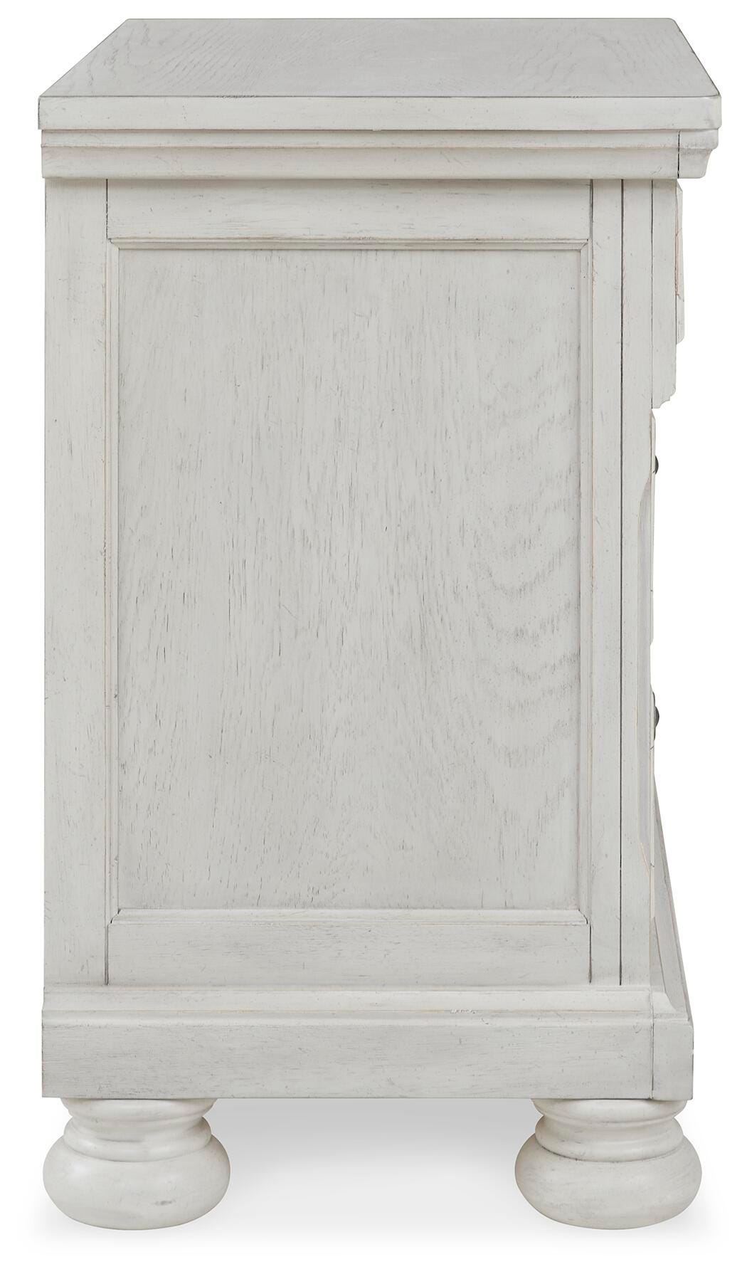 Robbinsdale Antique White King Panel Storage Bed, Dresser, Chest and 2 Nightstands - Ornate Home