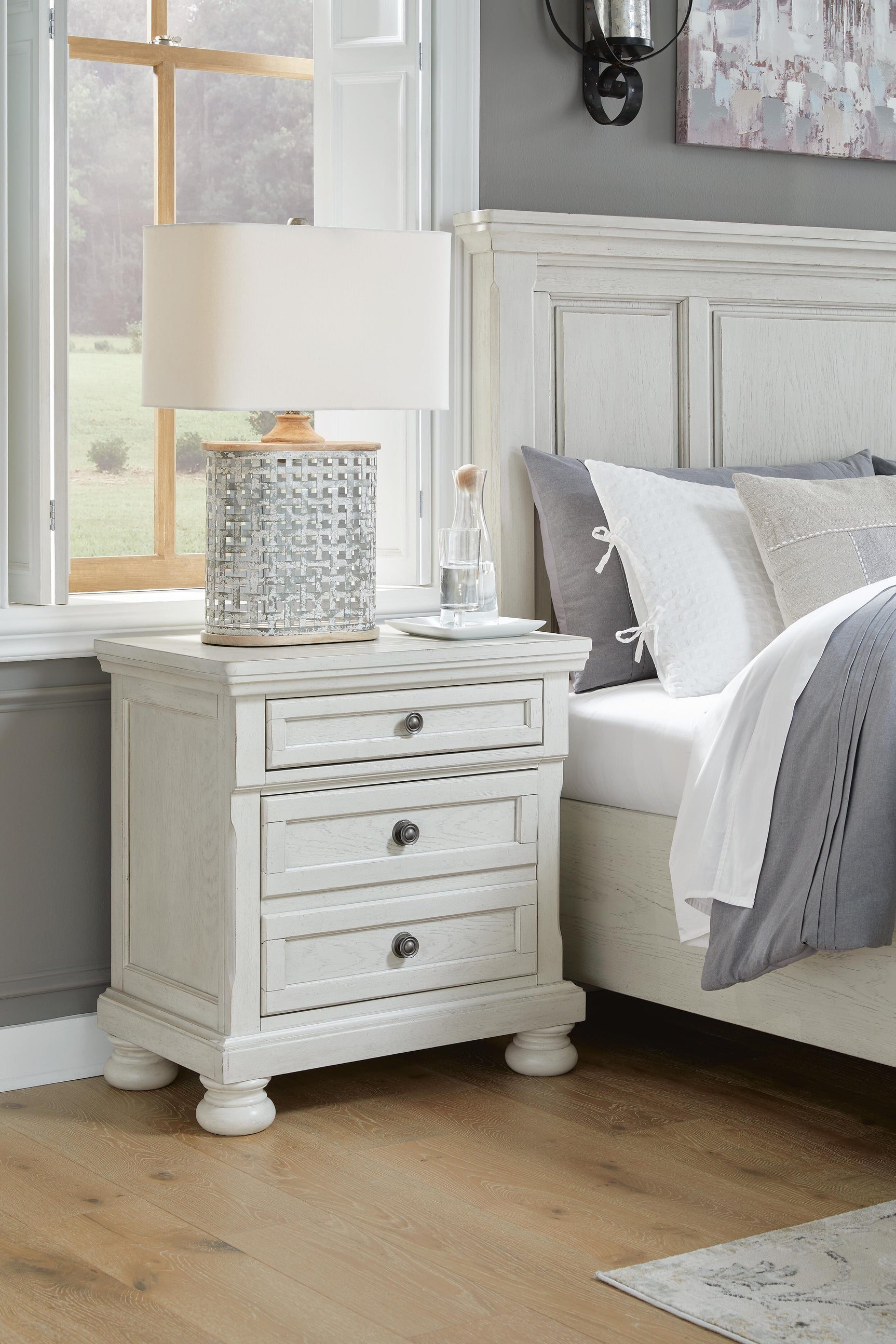Robbinsdale Antique White King Panel Storage Bed, Dresser, Chest and 2 Nightstands - Ornate Home