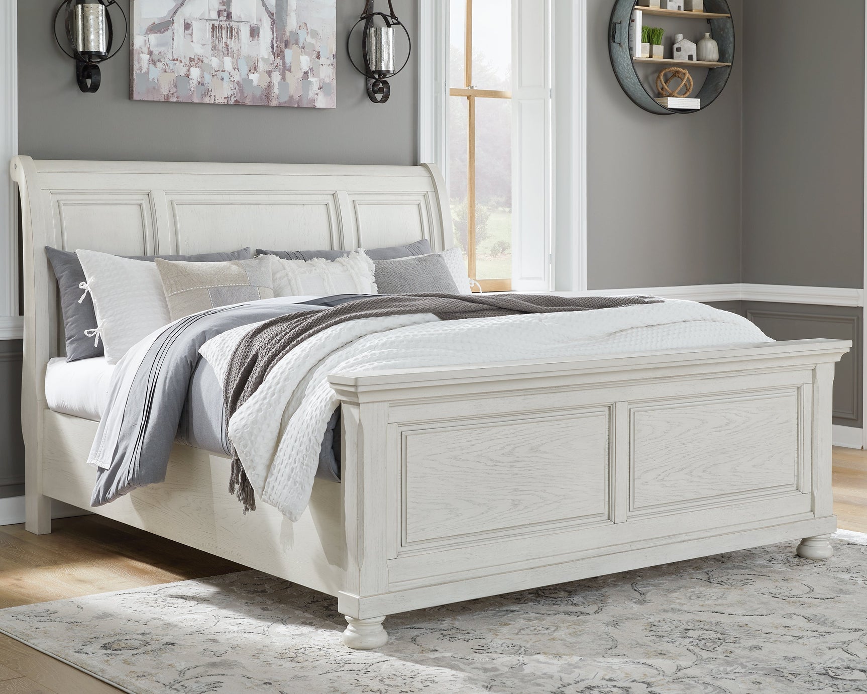 Robbinsdale Antique White King Sleigh Bedroom Set with Dresser and Mirror (Online Special Price) - Ornate Home