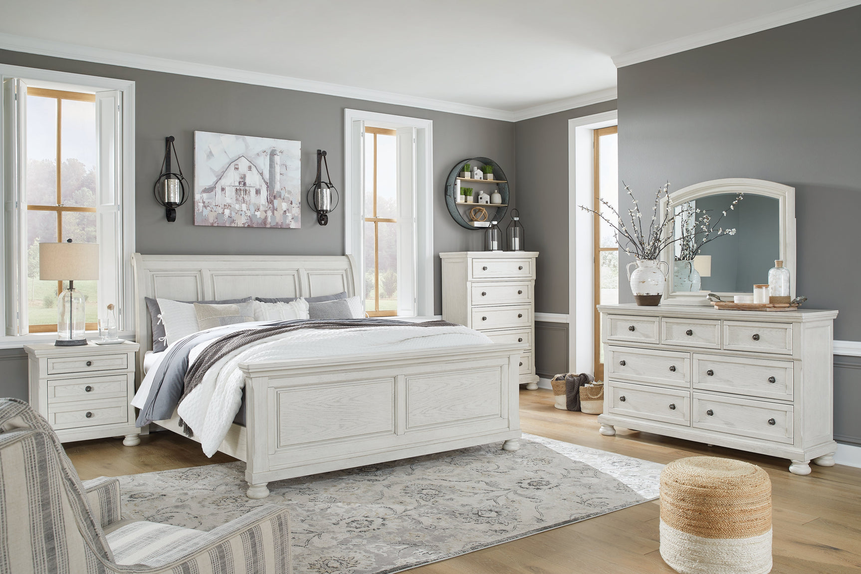 Robbinsdale Antique White King Sleigh Bedroom Set with Dresser and Mirror (Online Special Price) - Ornate Home